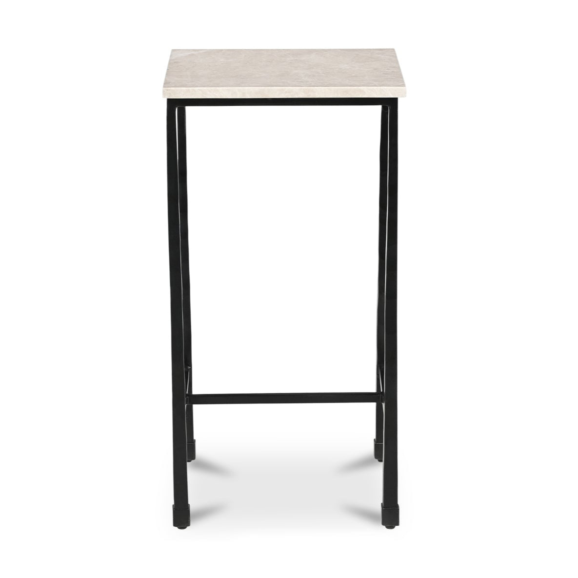 High table with a white marble top and black metal frame on a white background