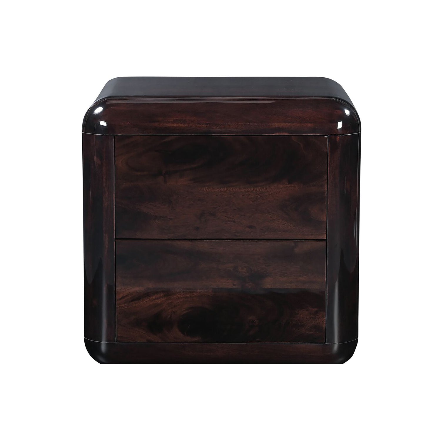 Dark wooden nightstand with two drawers on a white background