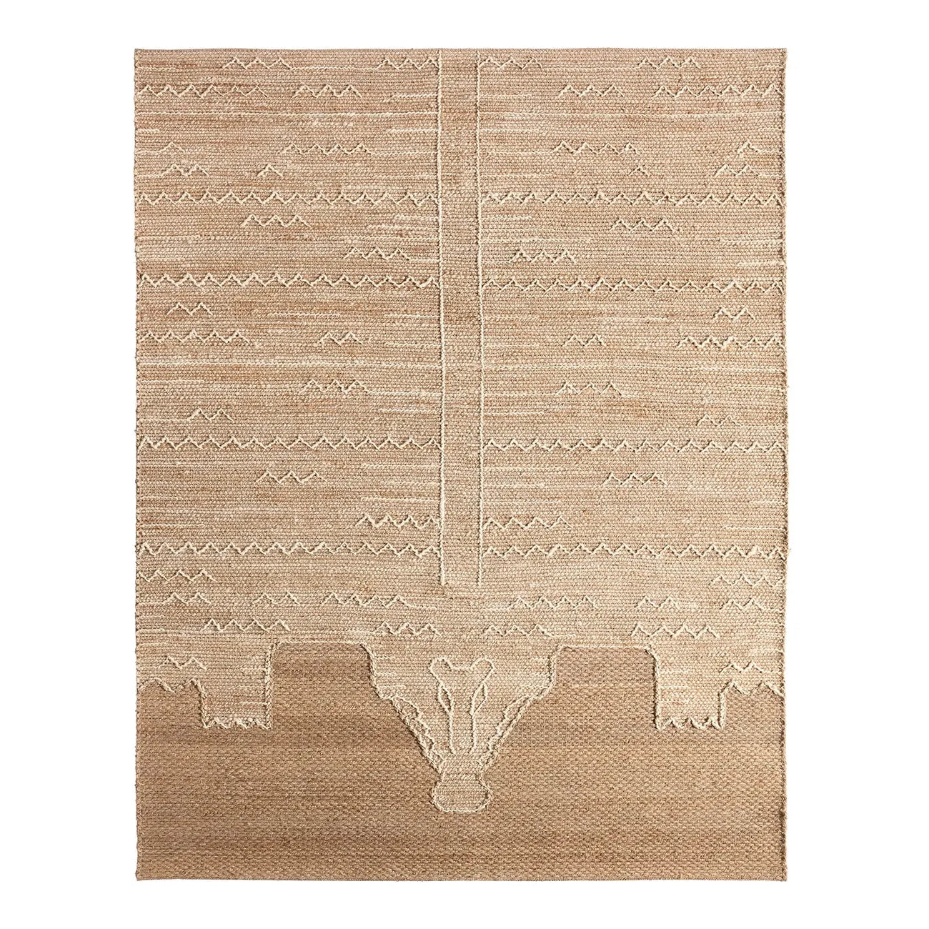 Beige area rug with geometric pattern on a white background