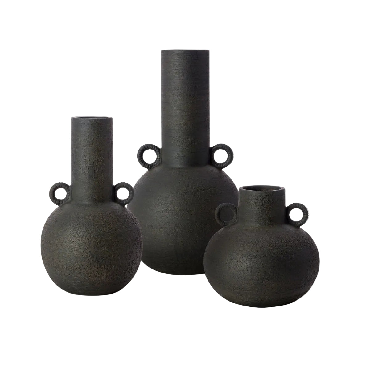 Set of black ceramic vases on a white background