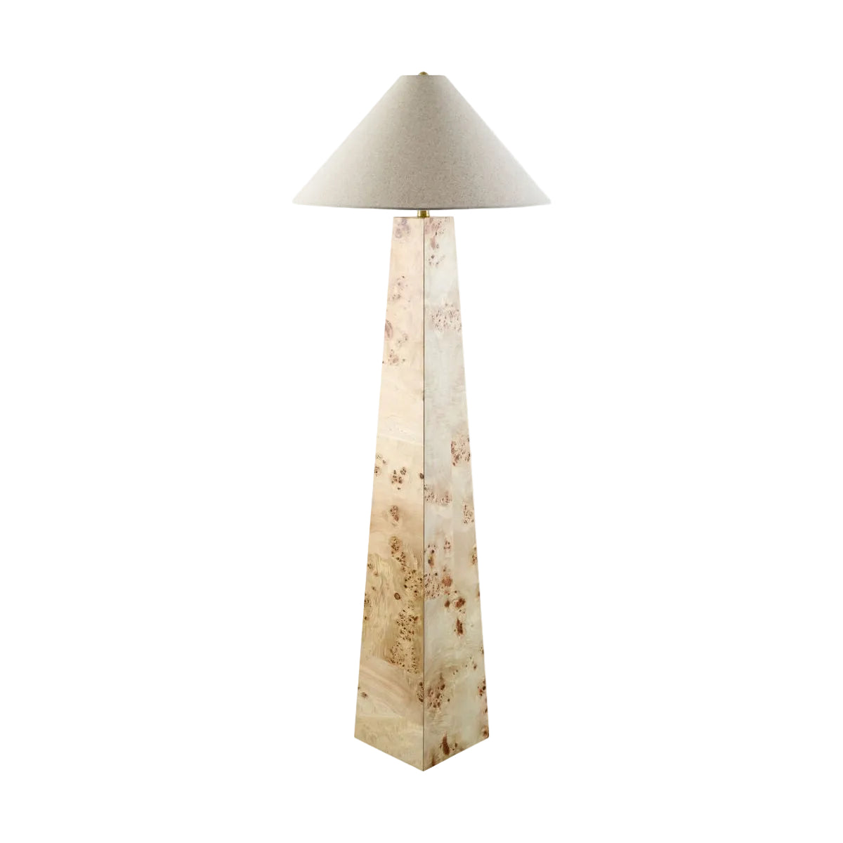 A modern floor lamp with a tapered beige fabric shade and a tall, geometric, fluted base made of natural burl wood in beige and brown tones, shown against a plain white background.