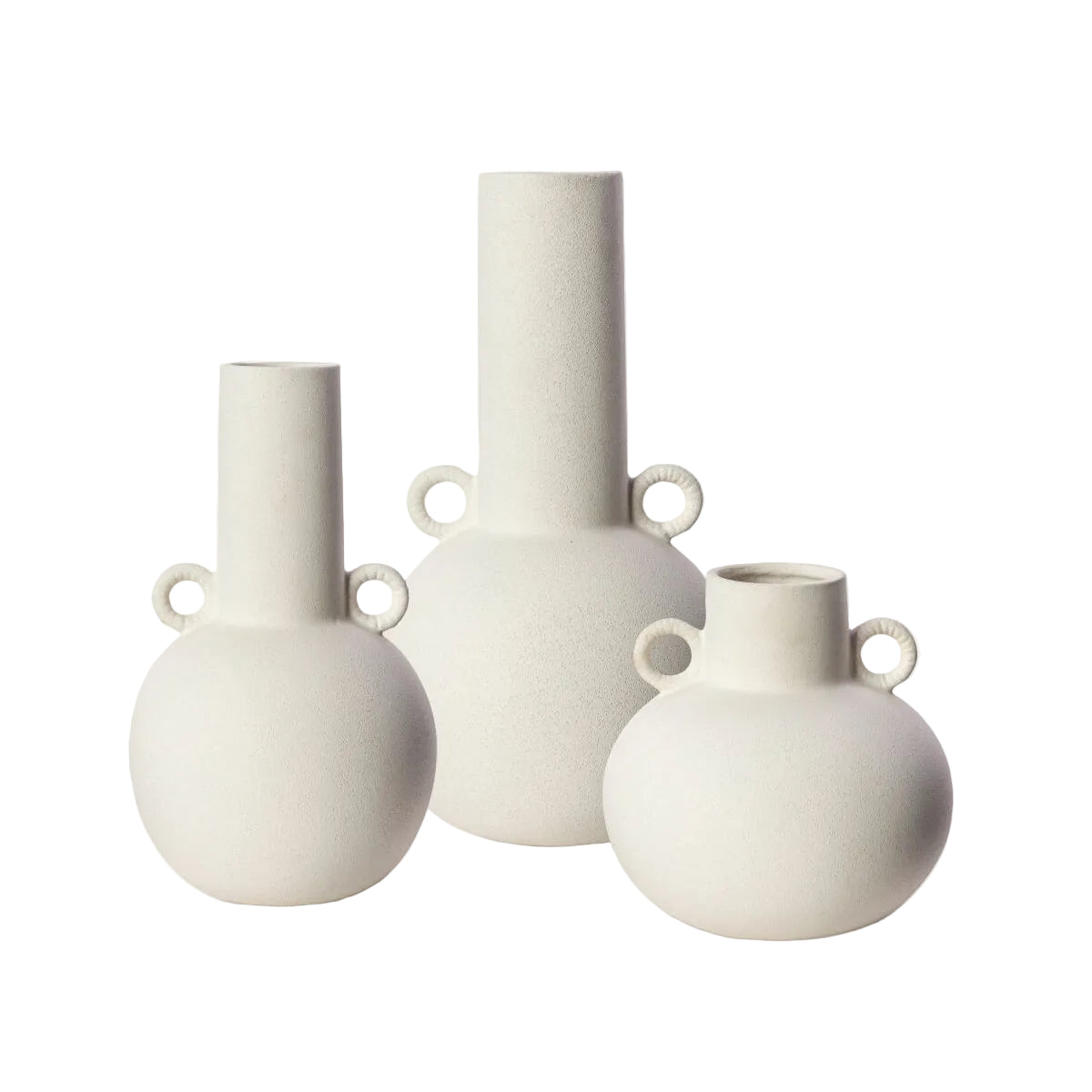 Three white vases of different shapes and sizes on a white background