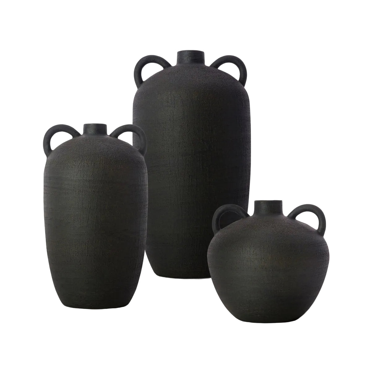Three black ceramic vases of varying sizes on a white background