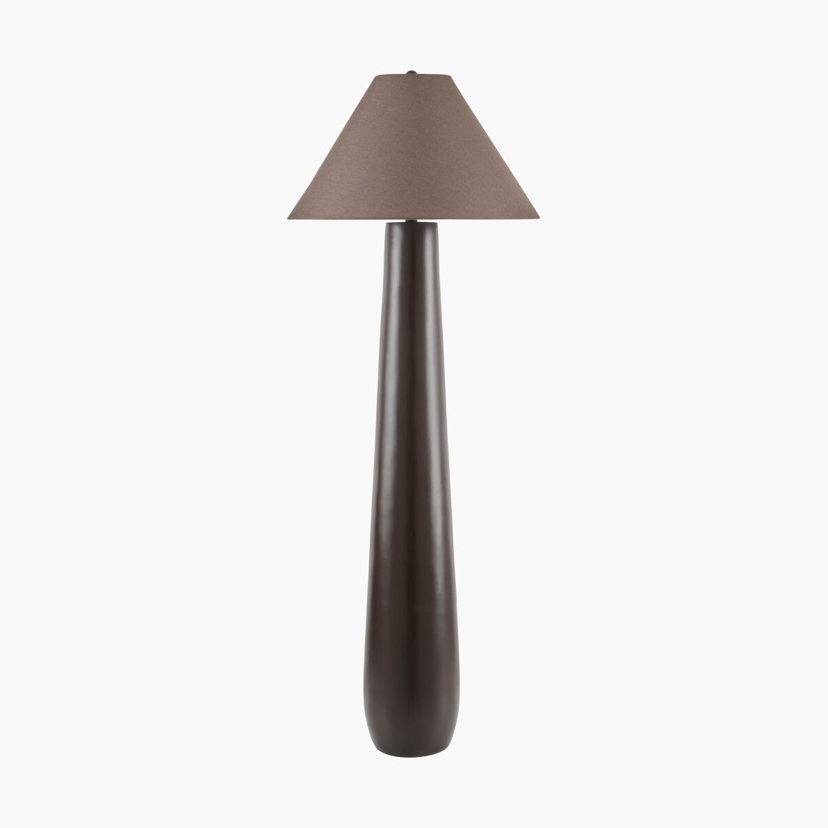 A modern table lamp with a tapered conical shade in a warm taupe-brown color and a sleek, tapered cylindrical base in a dark brown finish, set against a plain white background.