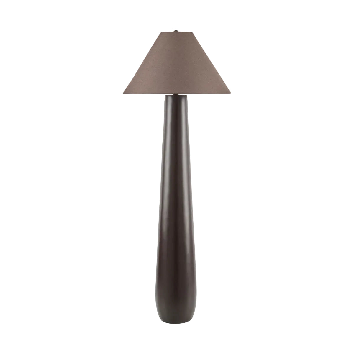 A modern table lamp with a tapered conical shade in a warm taupe-brown color and a sleek, tapered cylindrical base in a dark brown finish, set against a plain white background.