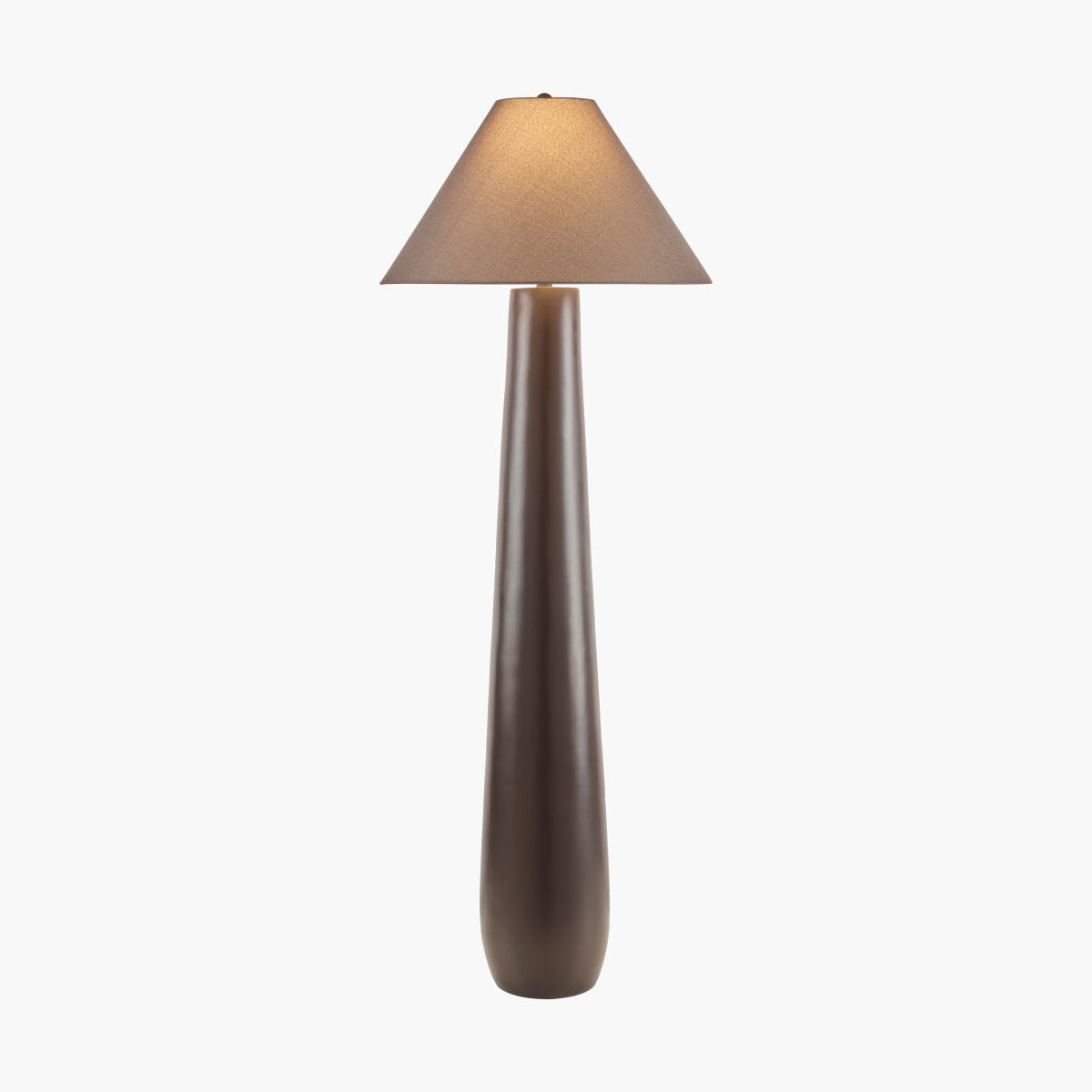 A modern floor lamp with a tapered dark brown ceramic base and a matching fabric shade, shown against a plain white background.