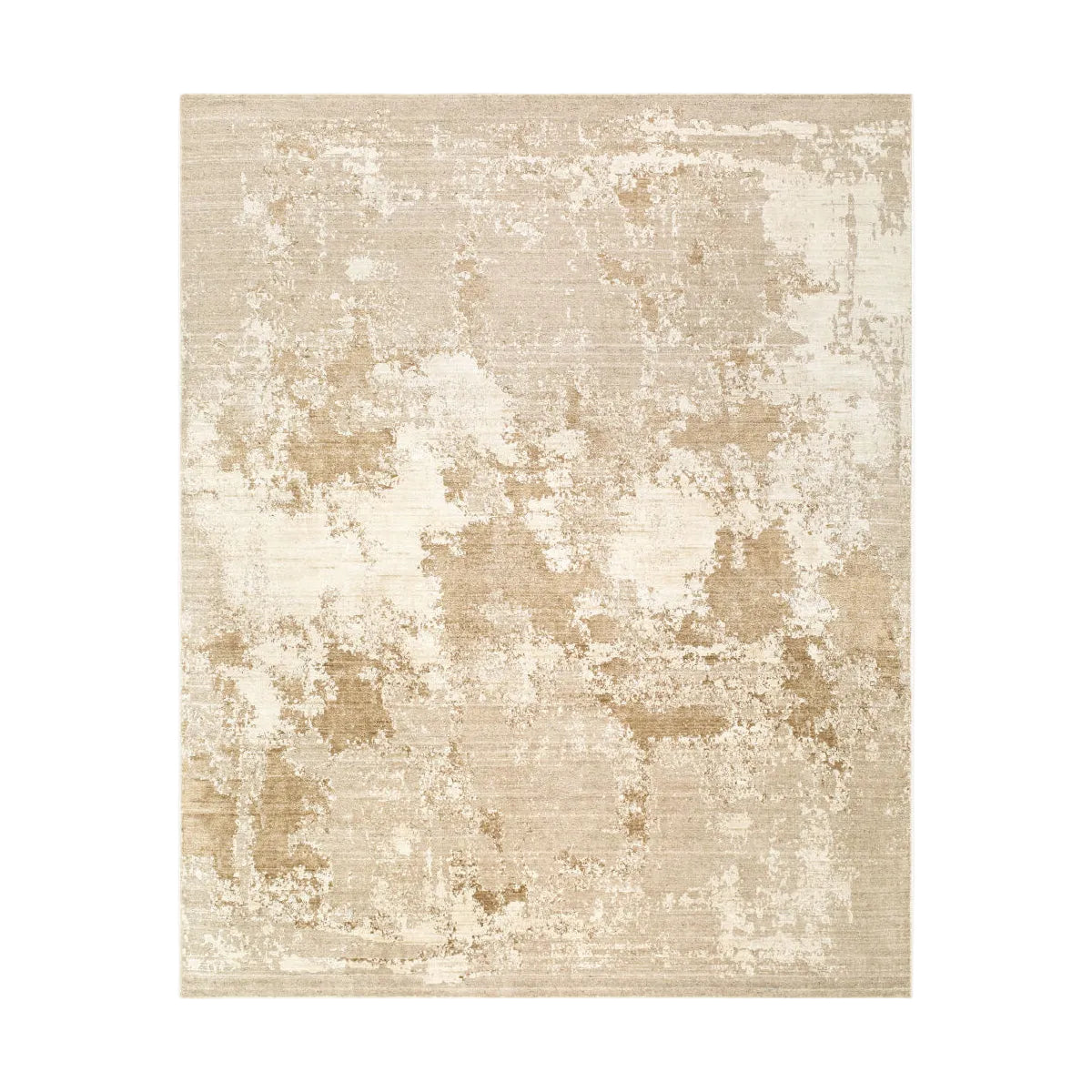 A rectangular area rug with an abstract distressed pattern in beige, cream, and light brown tones, shown flat against a white background.