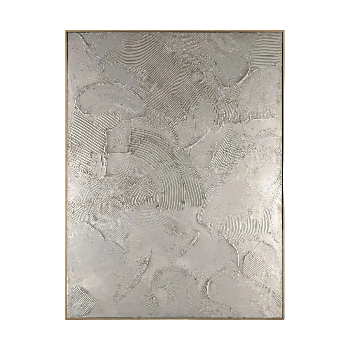 Abstract silver textured painting in a gold frame on a white background