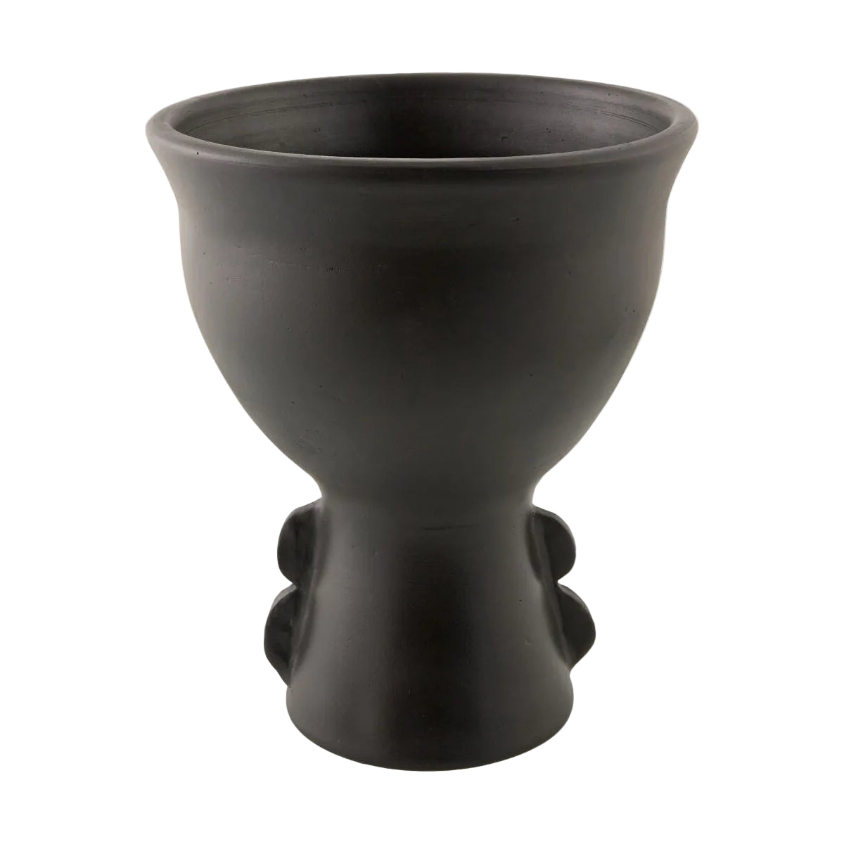 Black ceramic planter with a unique design on a white background
