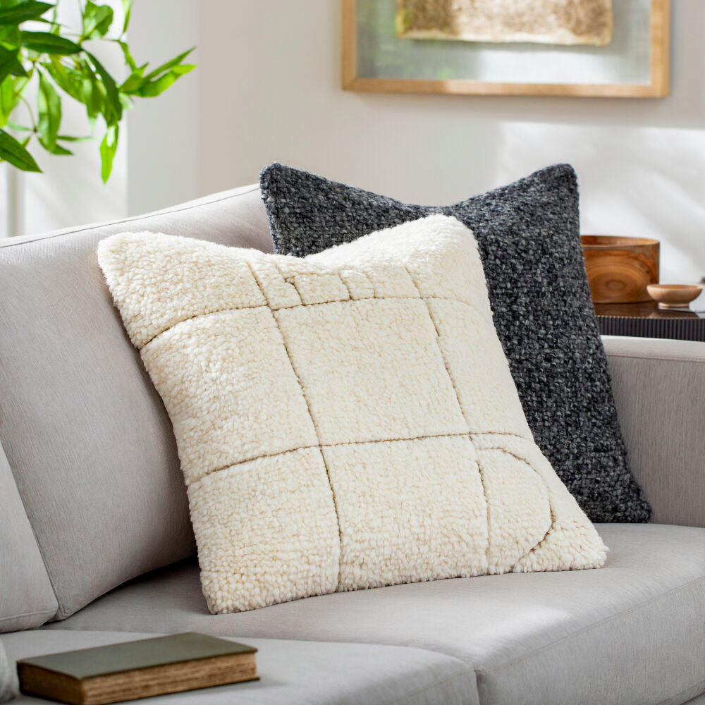 Two textured pillows on a sofa with a plant and framed picture in the background.