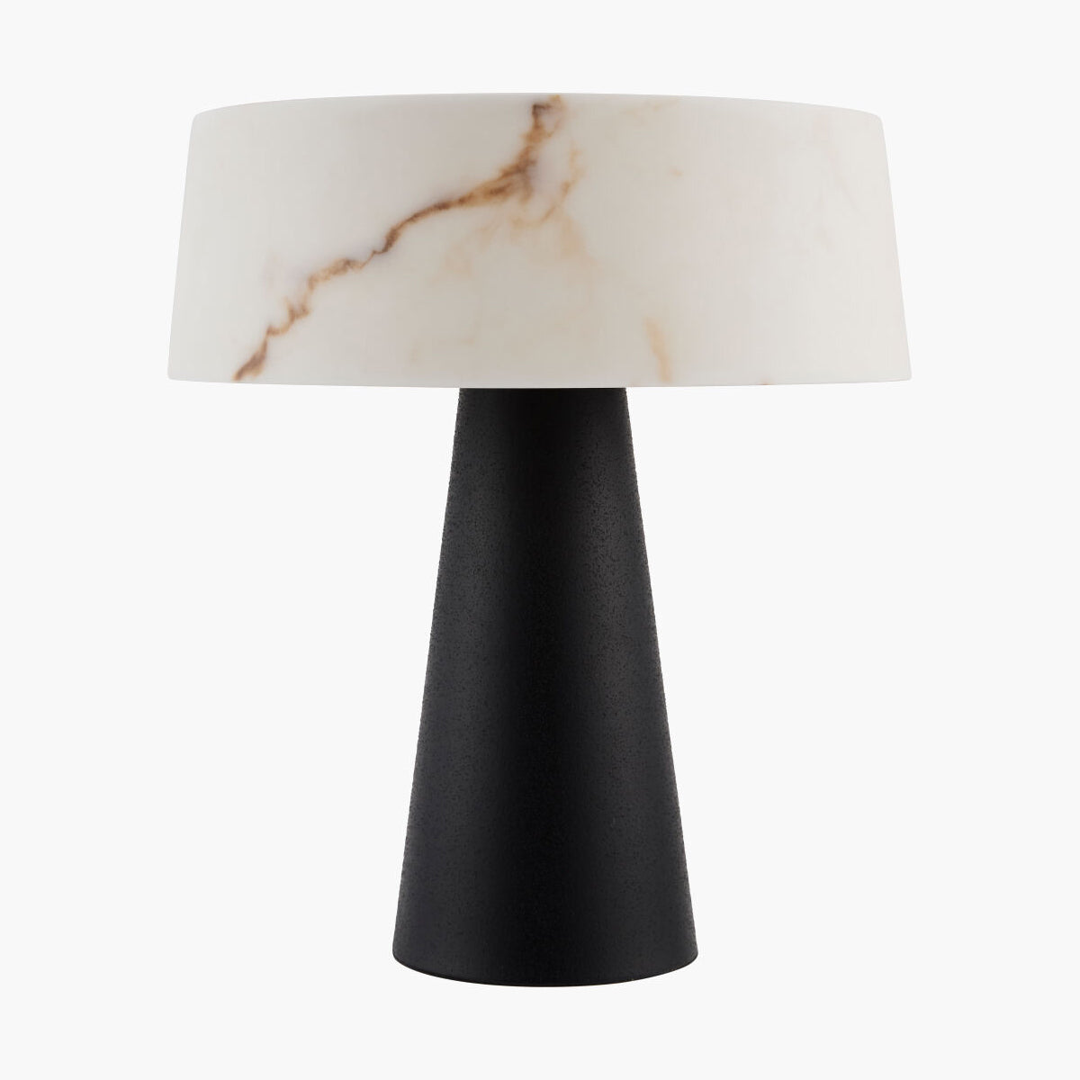 A modern table lamp with a matte black tapered base and a white drum shade featuring natural brown and beige marble veining, set against a plain white background.