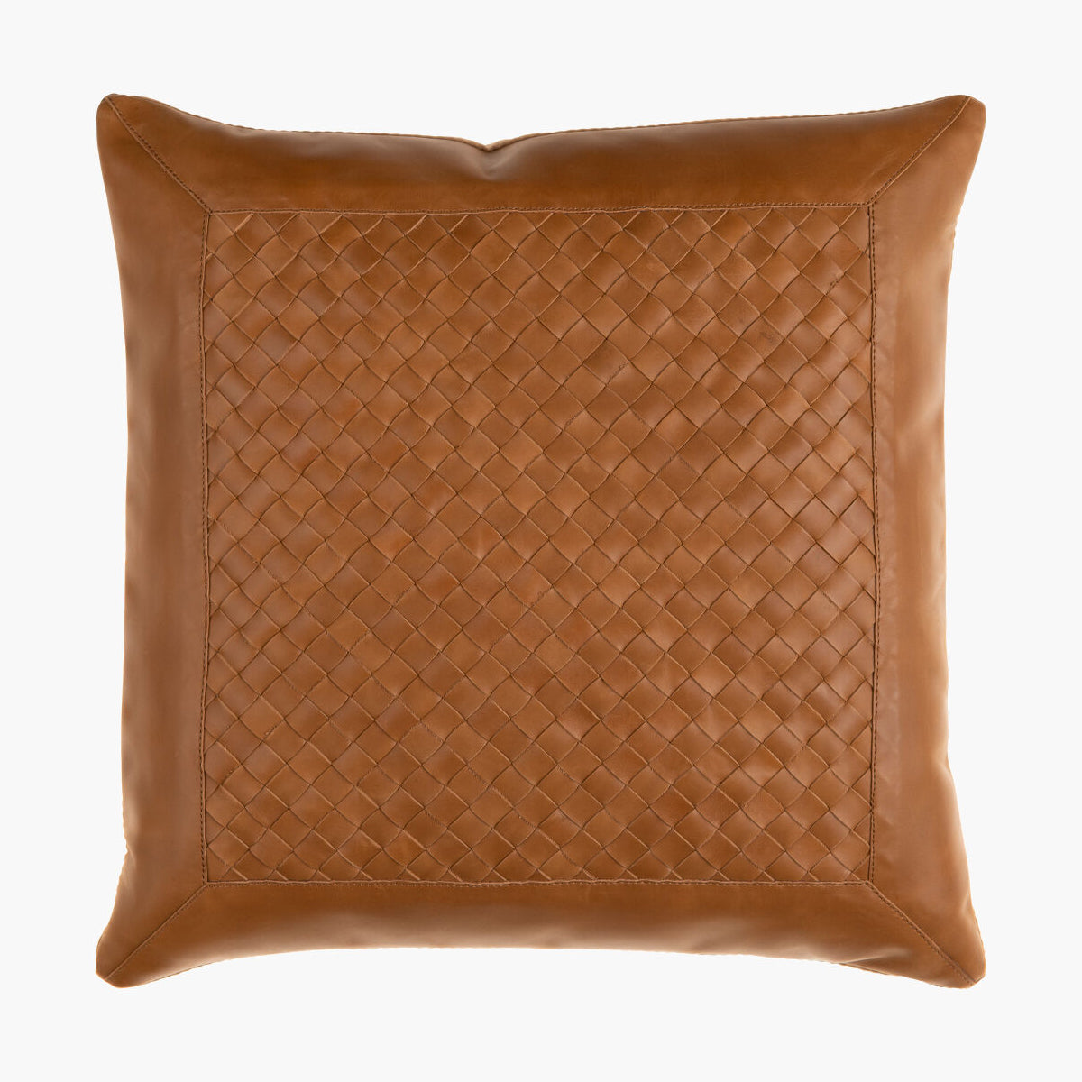 Brown woven leather pillow on a white background
