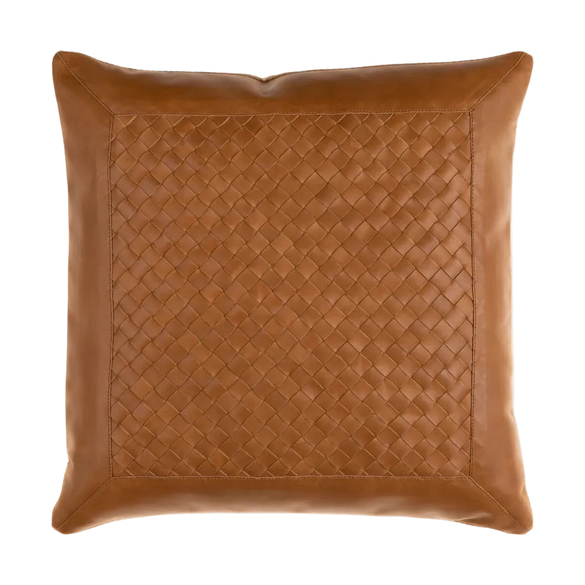 Brown woven leather pillow on a white background