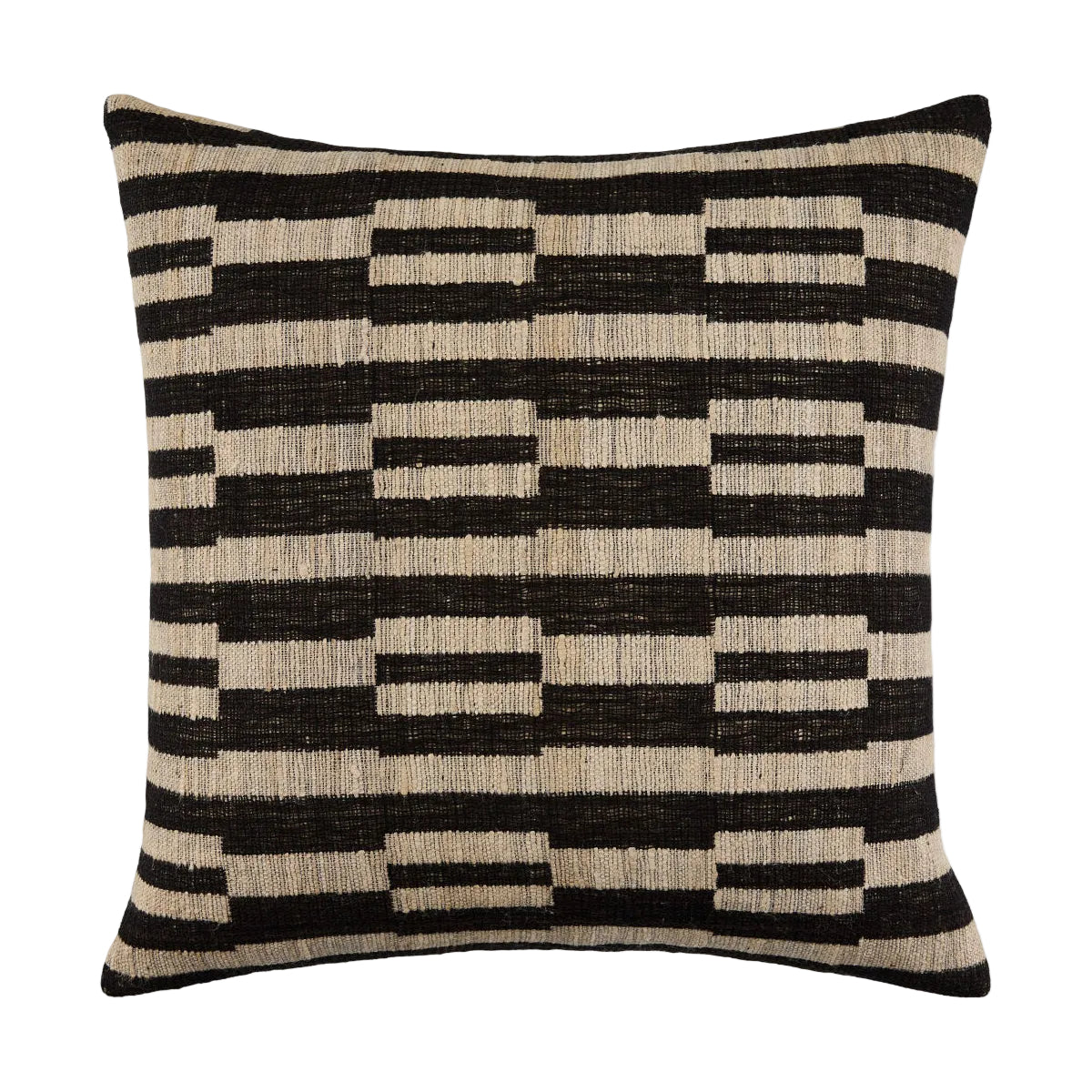 Decorative pillow with black and beige geometric pattern on a white background