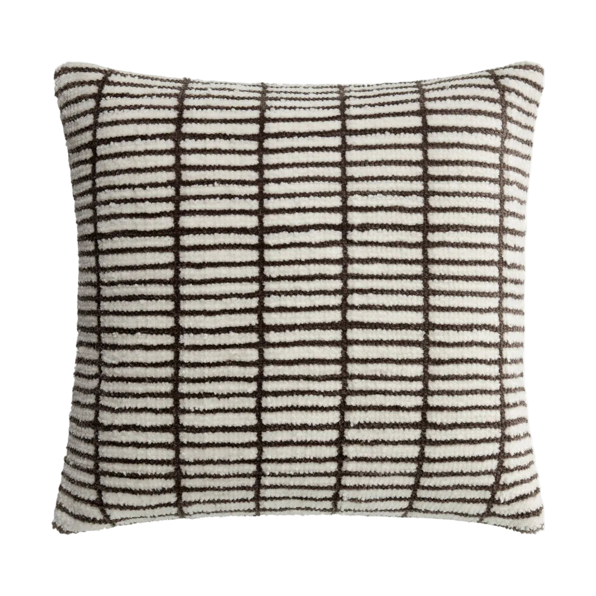 Decorative pillow with brown and white striped pattern on a white background