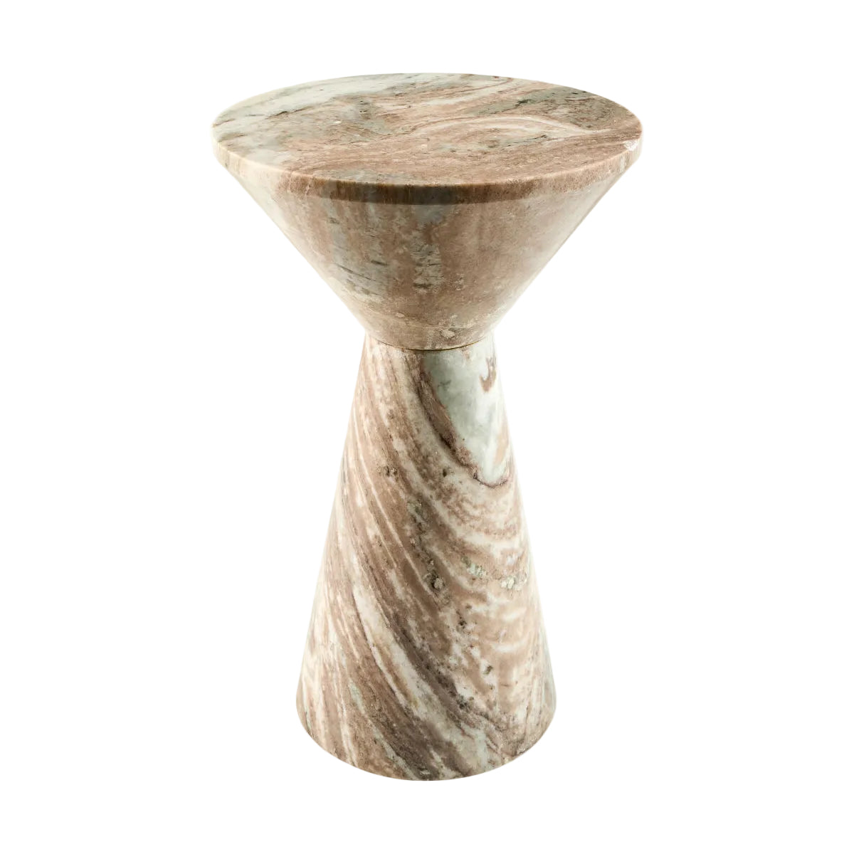 A modern sculptural side table made of polished conical stone with a flared top, featuring swirling patterns of beige, brown, and muted green on a plain white background.