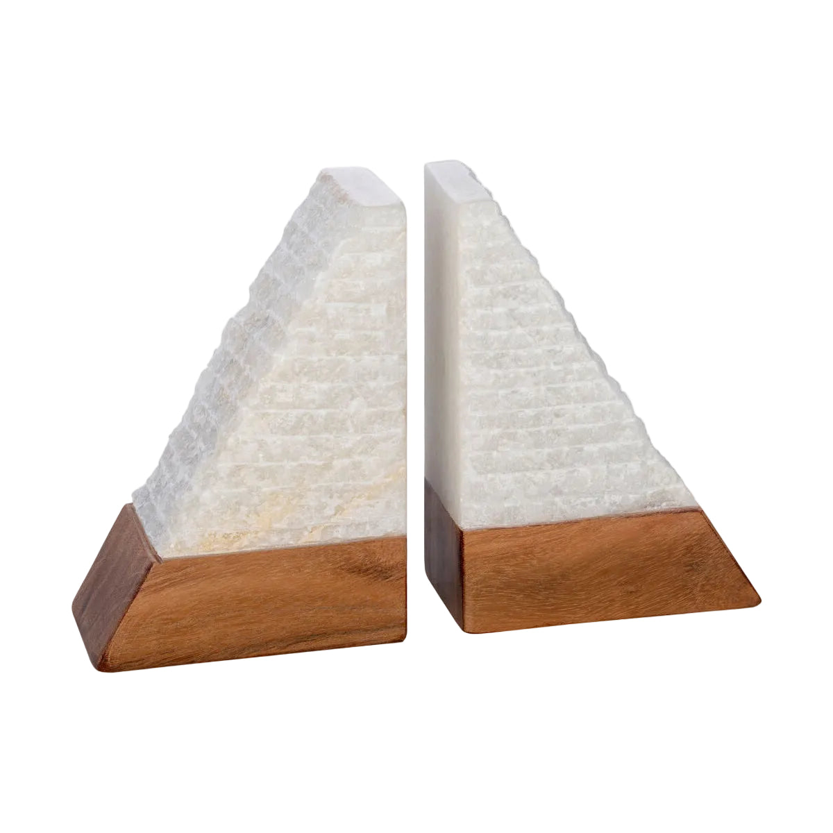 Pyramid-shaped stone bookends with wooden bases on a white background