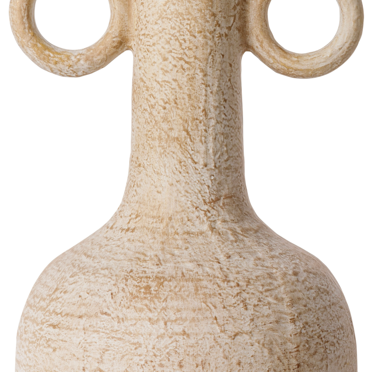 Beige ceramic vase with circular handles on a white background