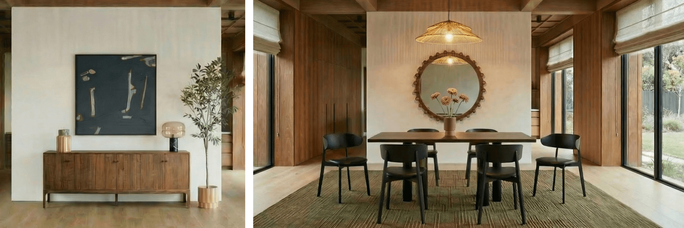 Two interior design images: one with a sideboard and abstract painting, the other with a dining area and round mirror.