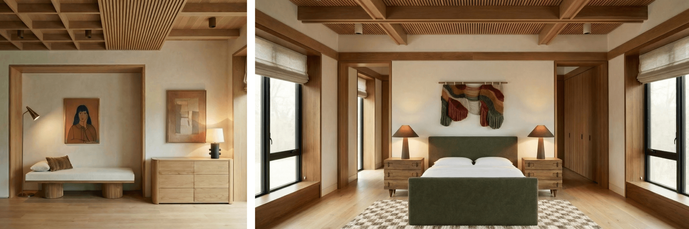Two views of a modern bedroom with wooden ceiling beams and large windows.