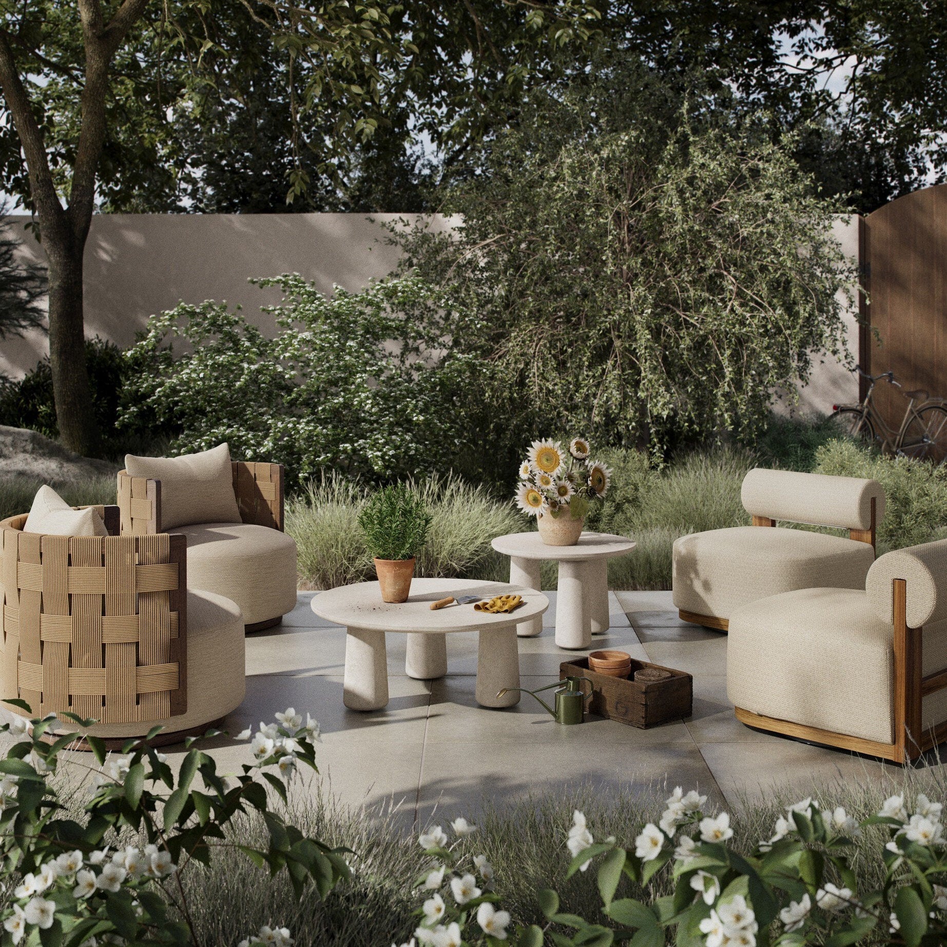Outdoor patio setting with modern furniture and decorative elements in a garden.