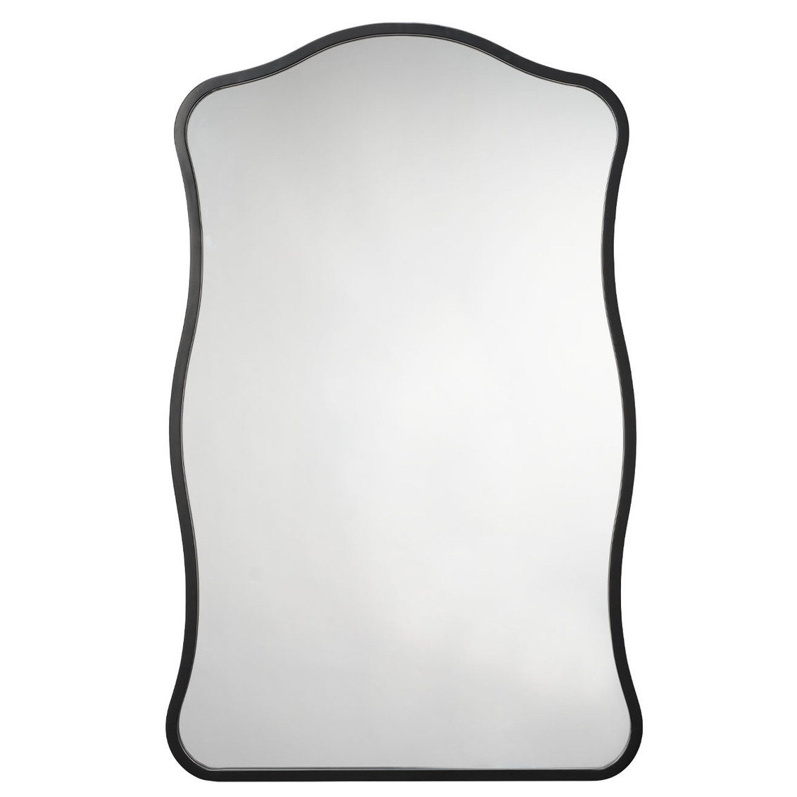 Decorative mirror with a wavy black frame on a white background