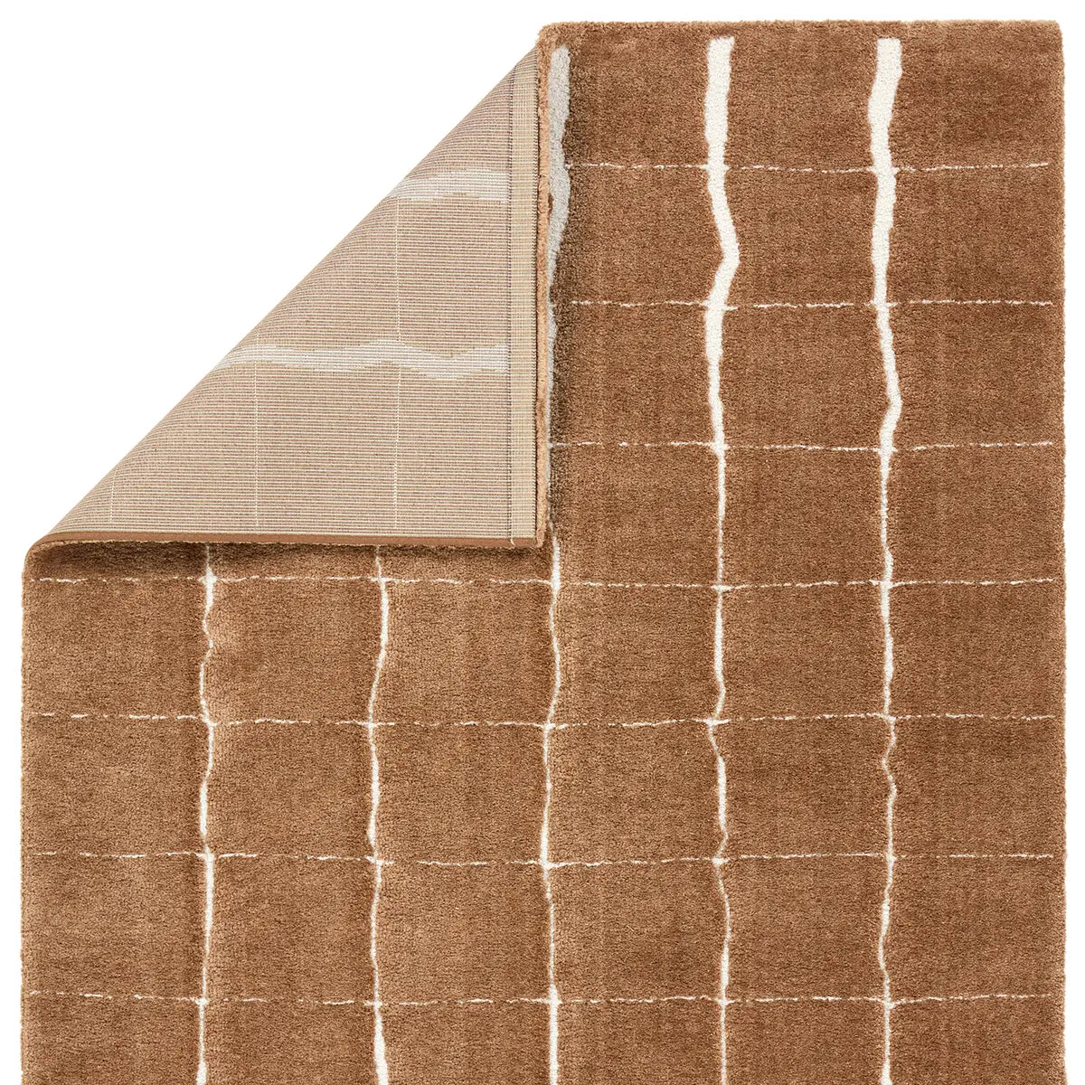 Brown rug with white line pattern on a white background