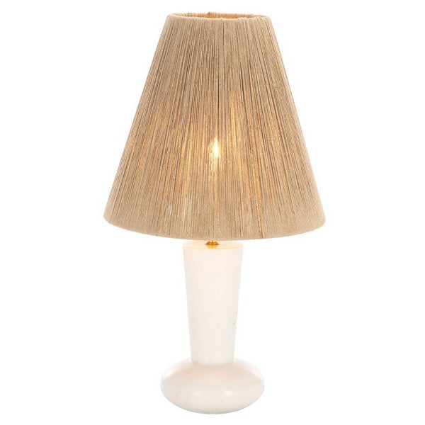 Table lamp with a beige pleated shade on a white background