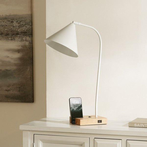 Modern white desk lamp on a wooden stand with a smartphone displaying '10am' on a neutral background.