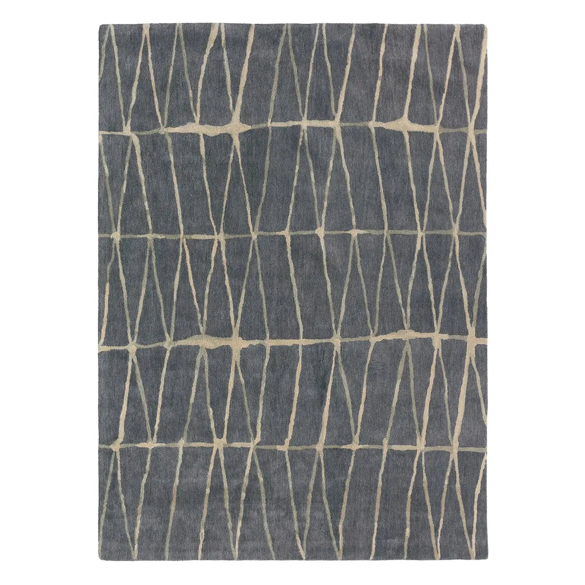 A rectangular area rug with a dark gray base and a cream-colored geometric pattern of intersecting diagonal lines forming diamond shapes.