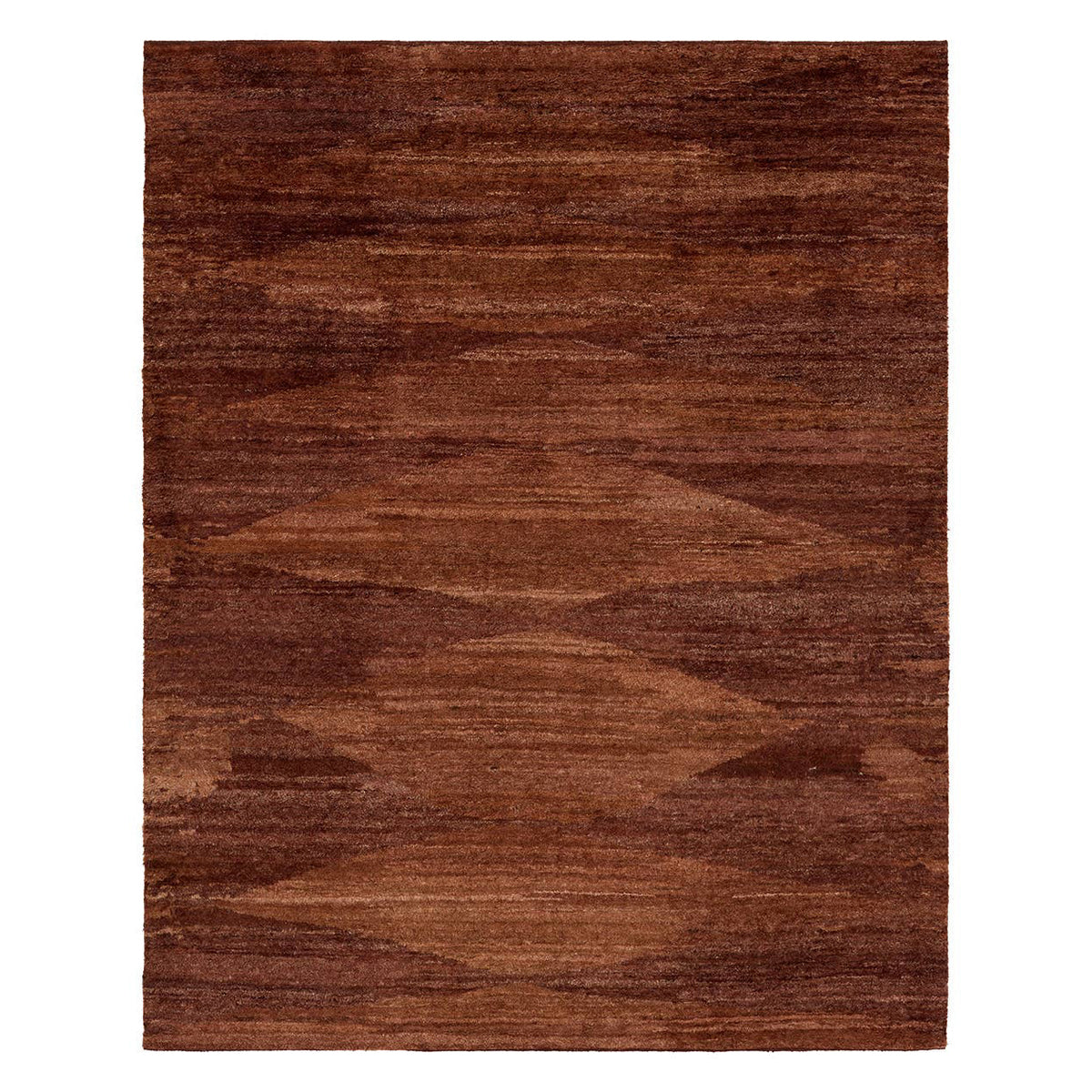A rectangular area rug with a textured, horizontal striped pattern in various shades of dark brown and reddish-brown, presented flat against a white background.