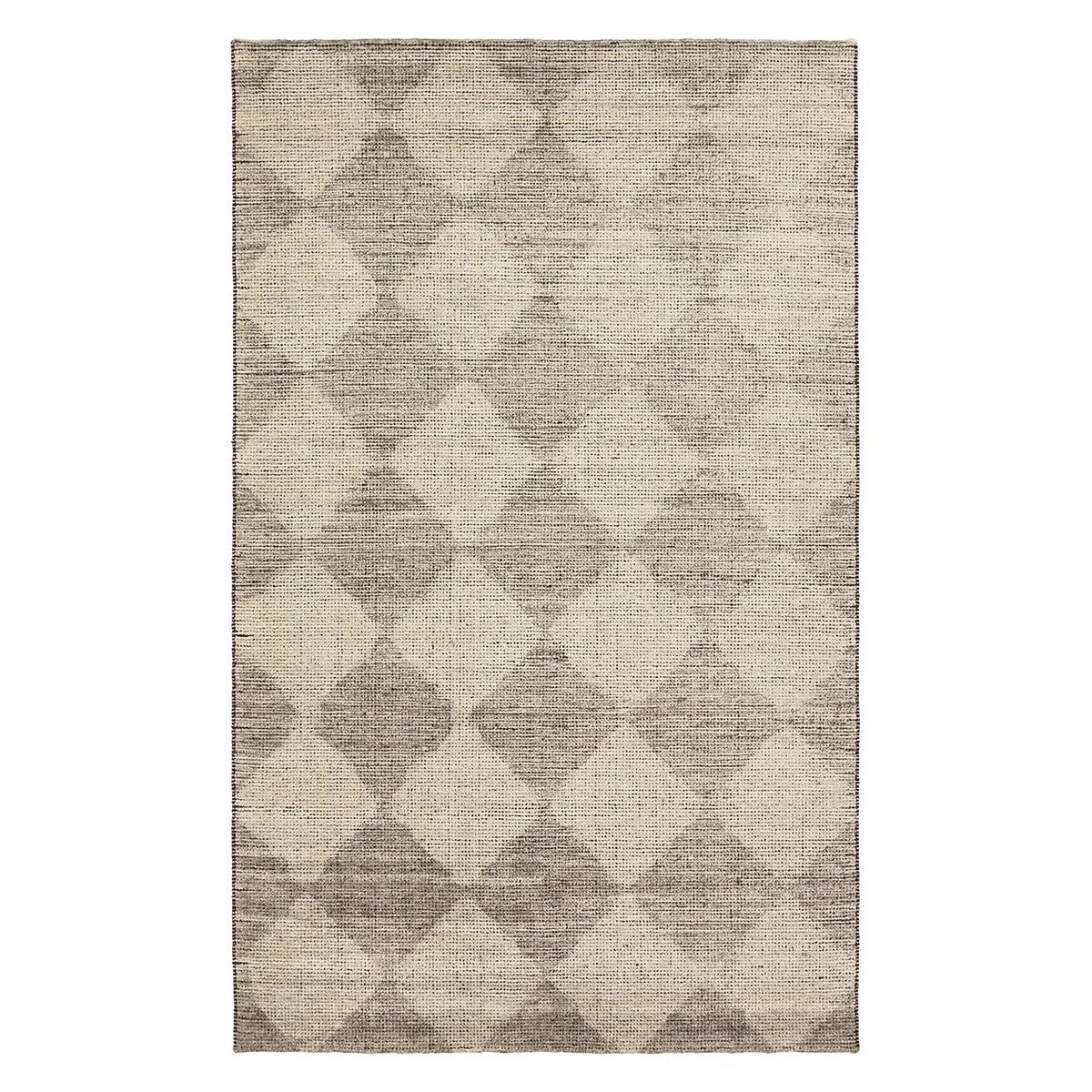A rectangular area rug with a distressed geometric diamond pattern in shades of beige, taupe, and gray, shown flat against a white background.