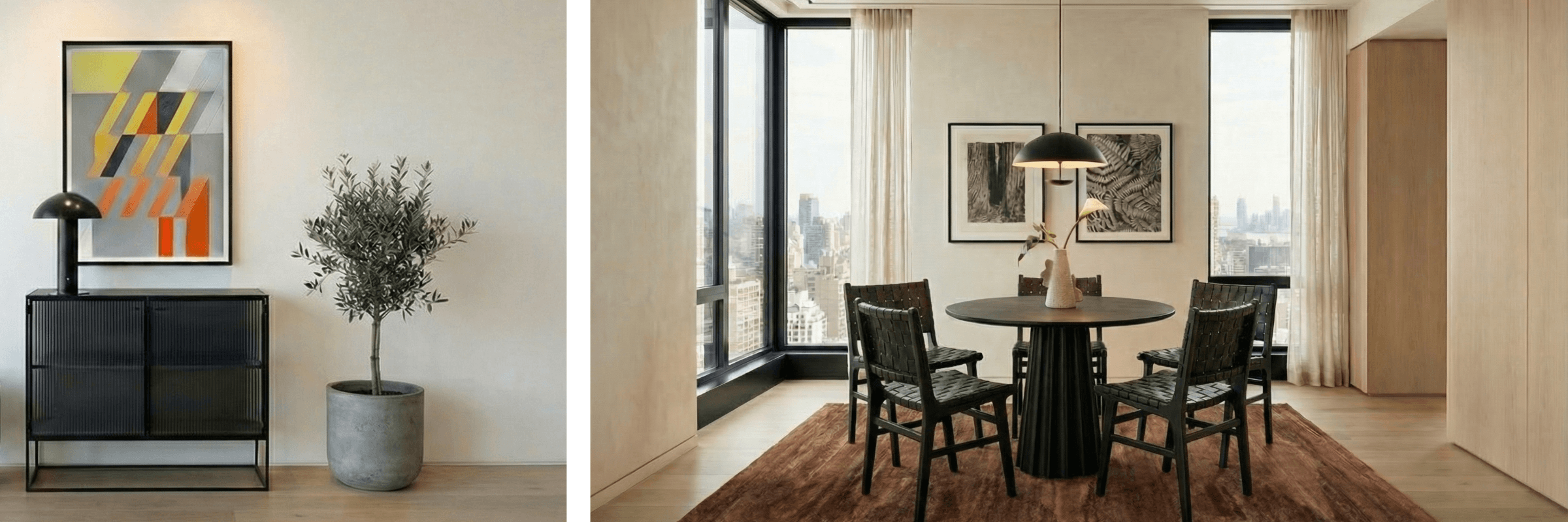 Modern interior design with a black cabinet, potted plant, and abstract art on the left, and a dining area with a round table and chairs on the right.