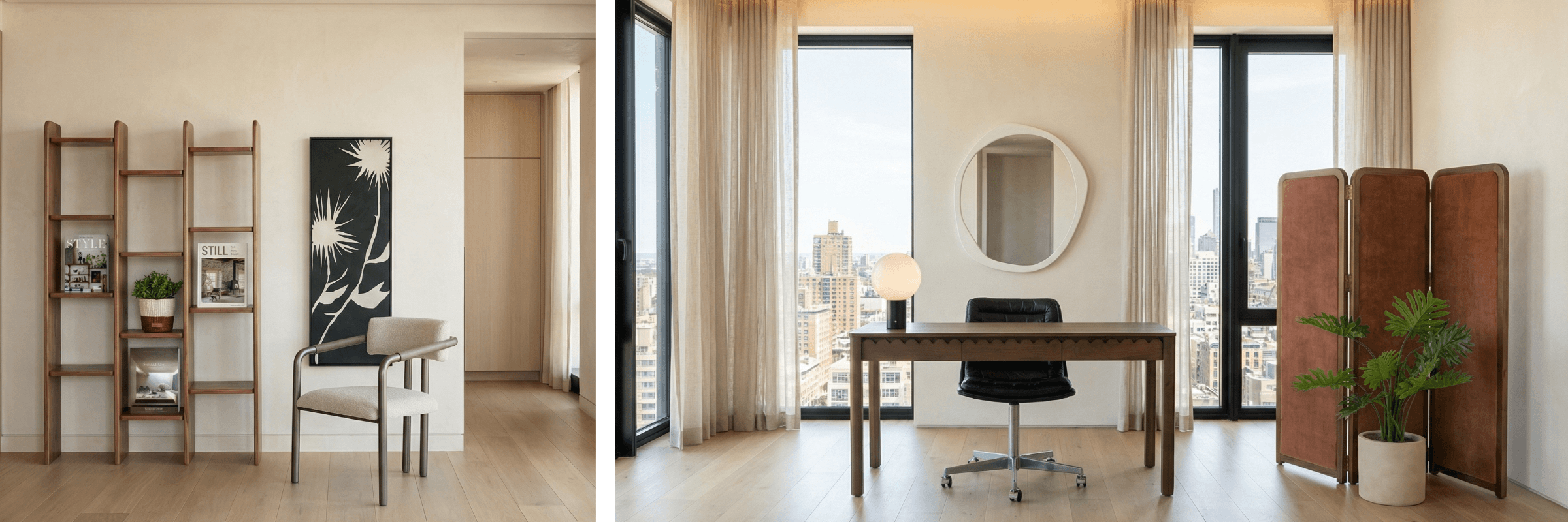 Modern office space with a desk, chair, and decorative elements.