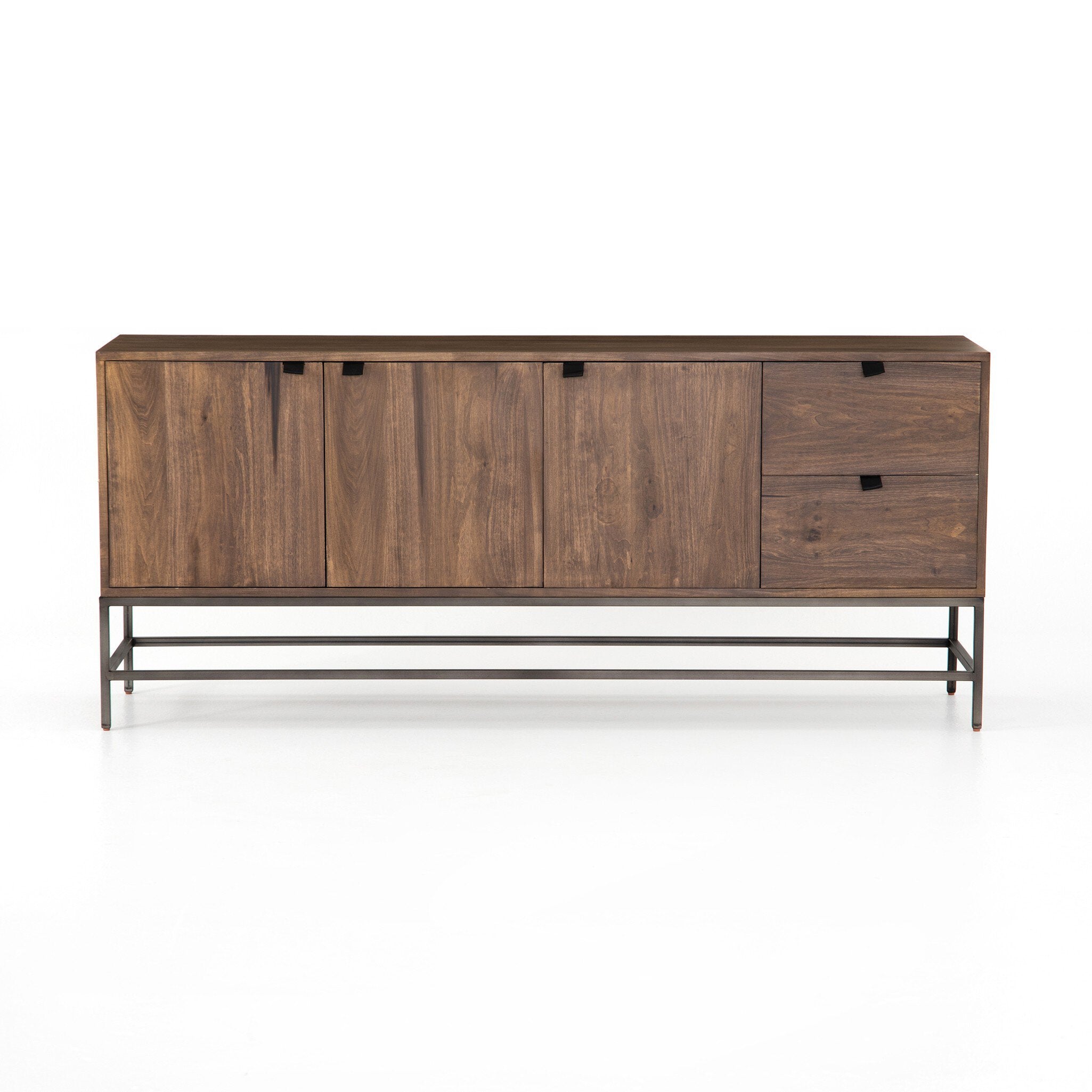 Solid wood sideboard with metal legs on a white background