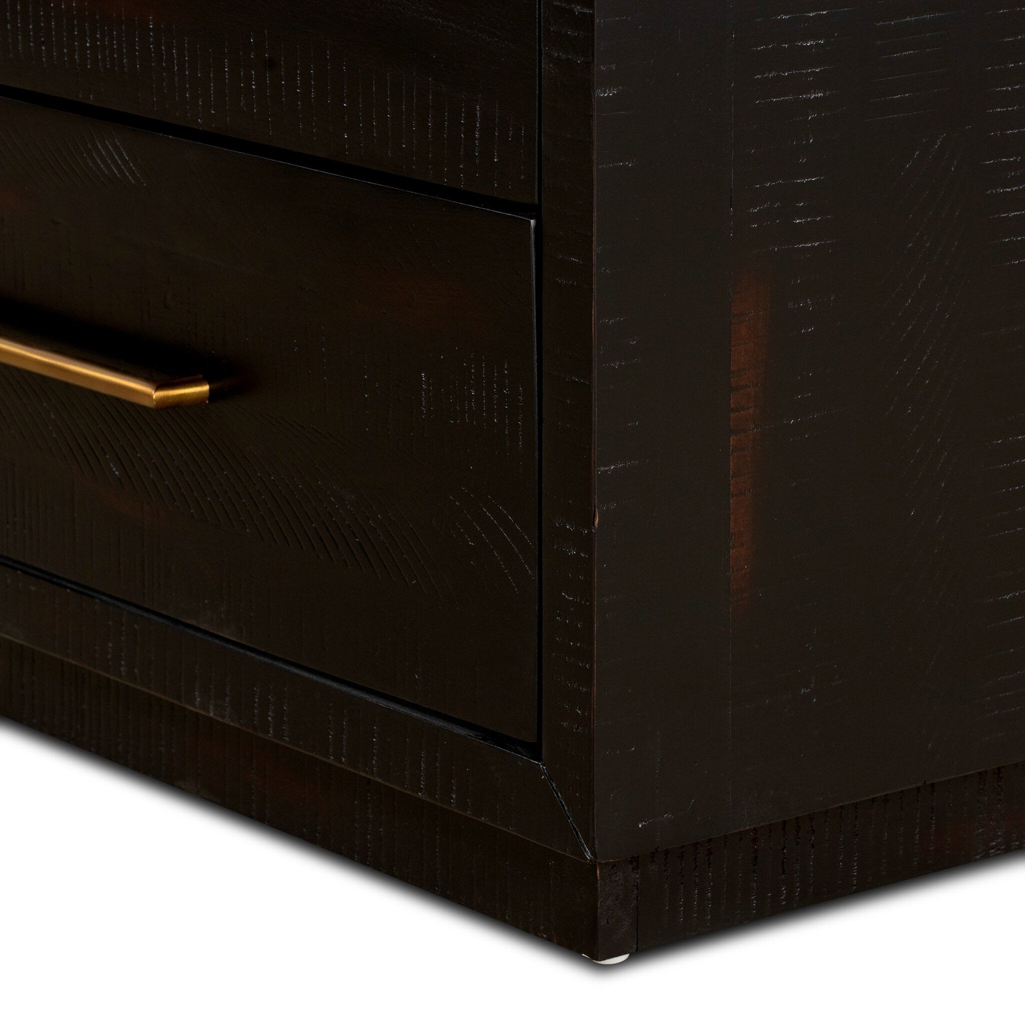 Stylish 5-drawer dresser in burnished black with metallic brass accents