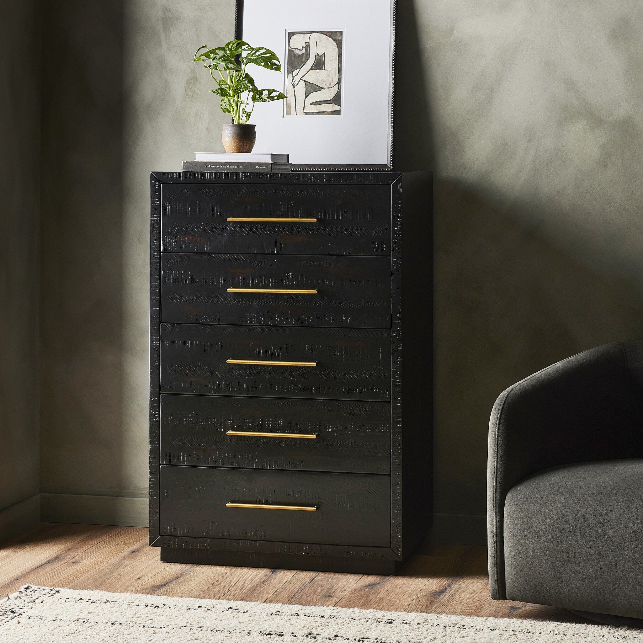 Burnished black 5-drawer dresser with sleek brass accents