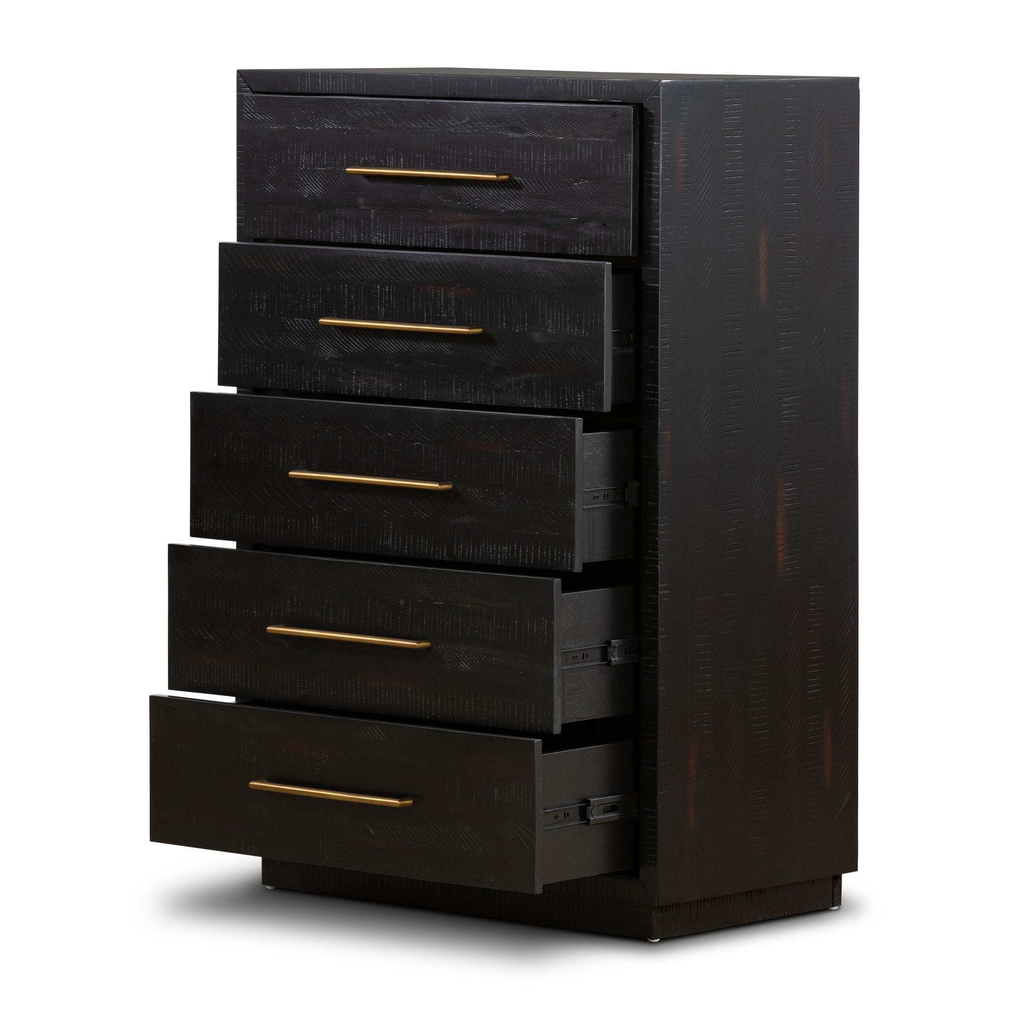 Sophisticated black dresser with five drawers and modern brass details
