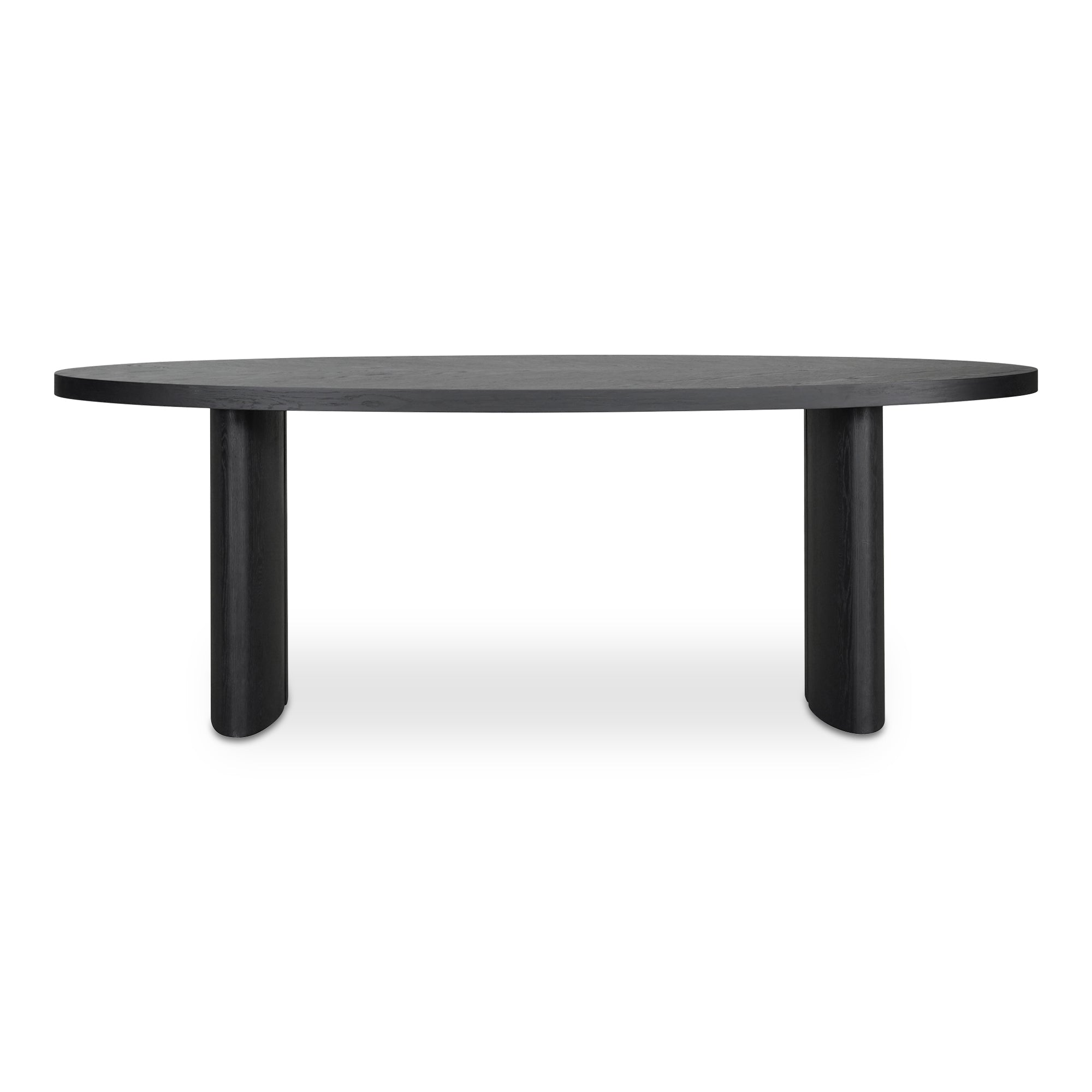 Black oval dining table on a white background