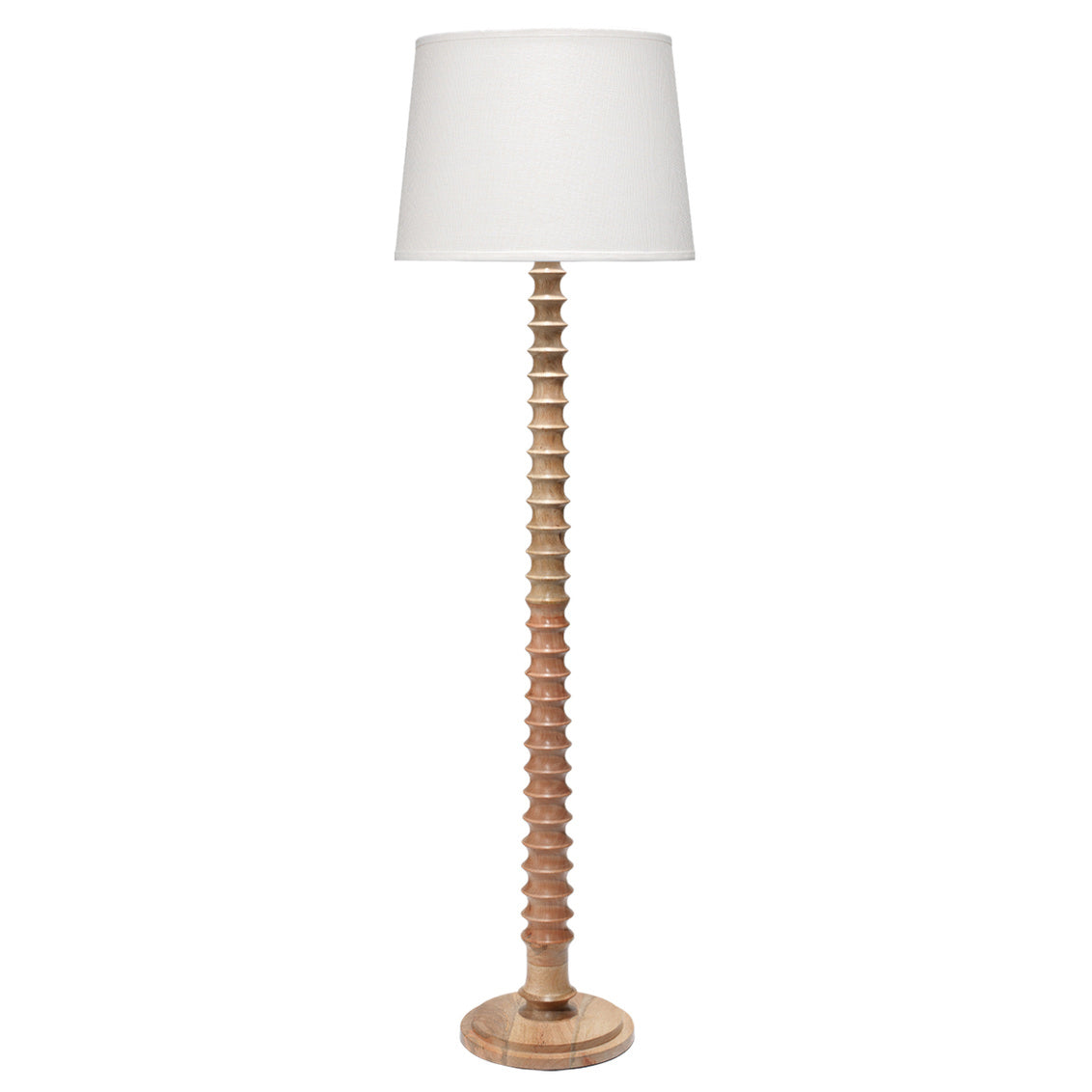 Wooden floor lamp with a white shade on a white background