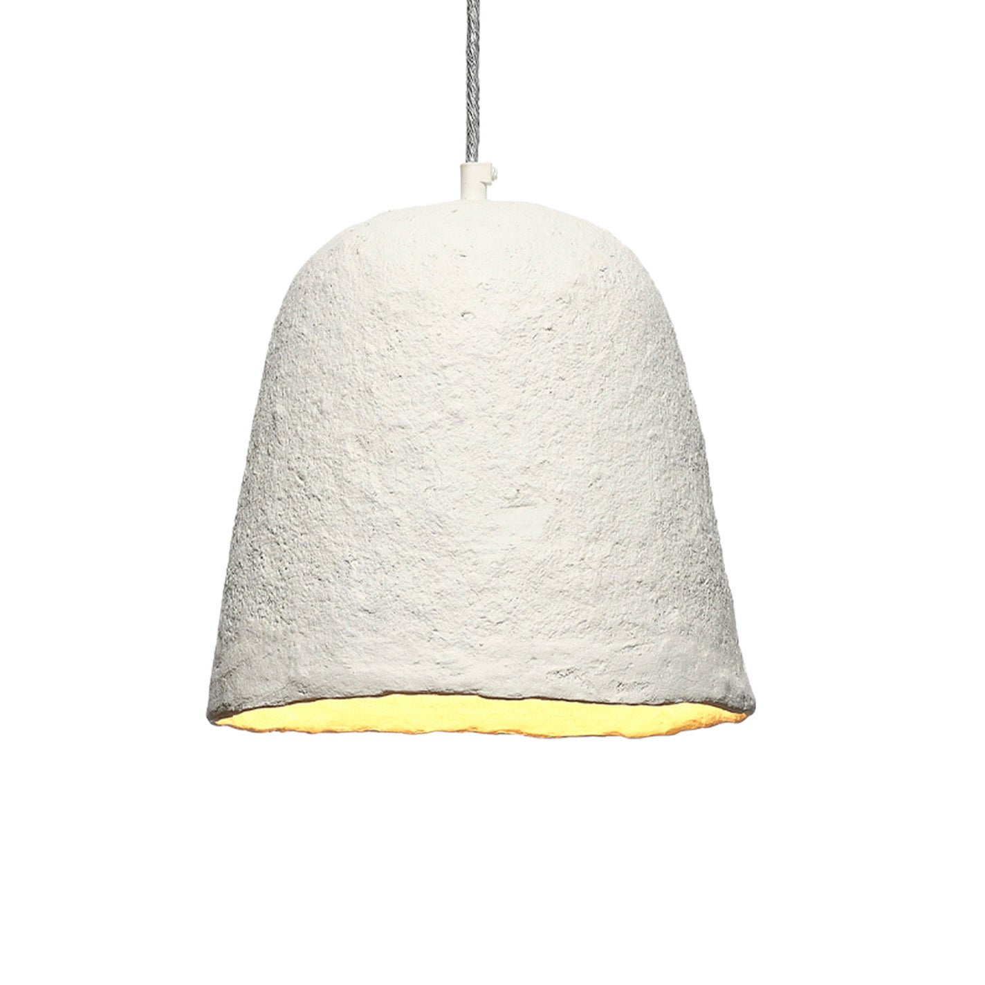 Textured pendant light with white exterior and yellow interior on a white background