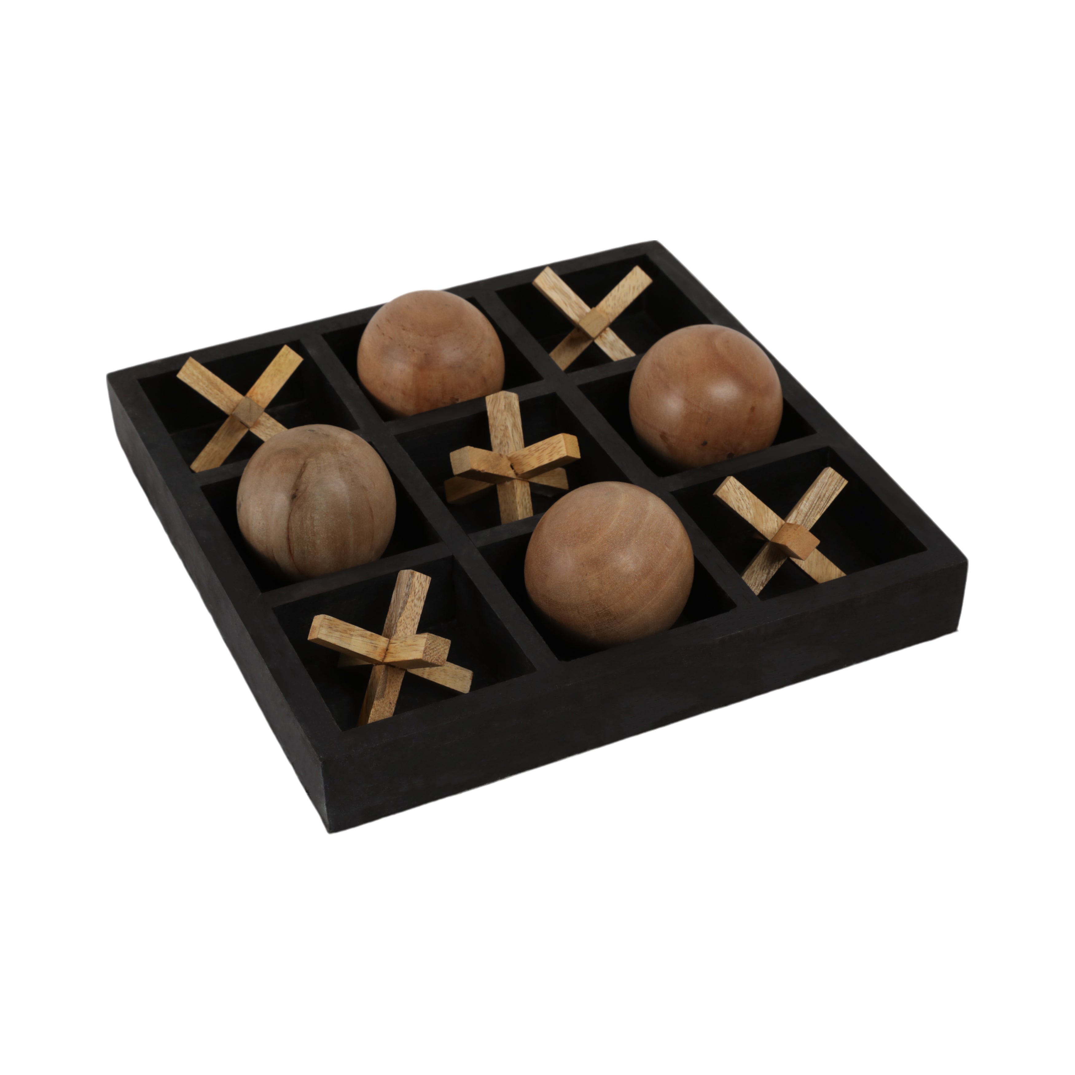 Wooden tic-tac-toe game set with wooden balls and X/O symbols on a white background