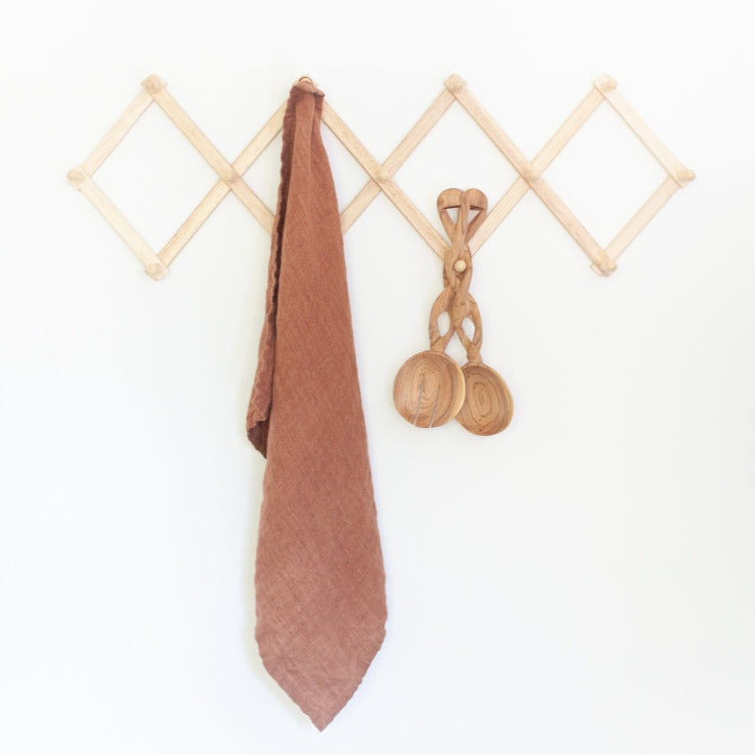 Wooden wall hook with a brown towel and wooden toy on a white background