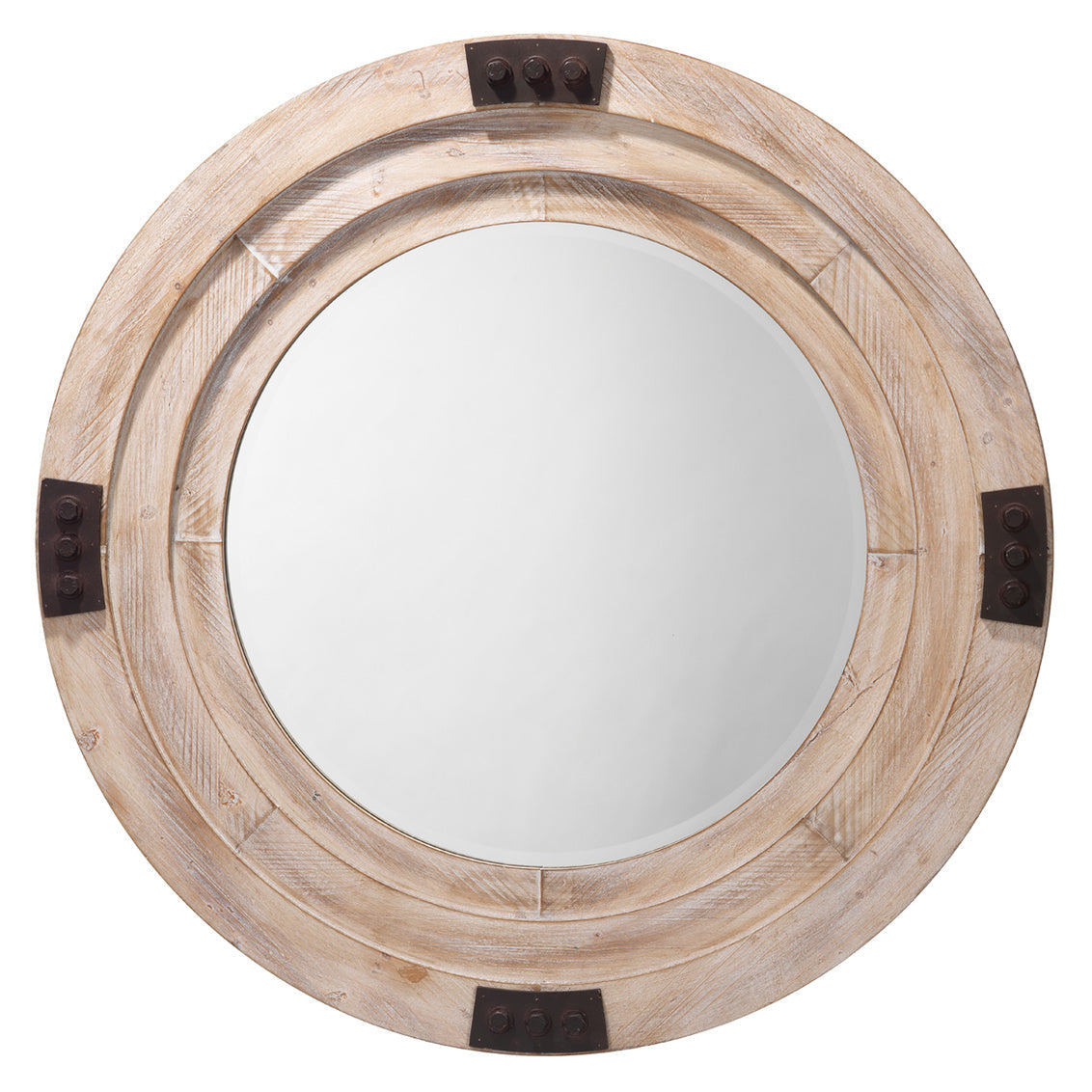 Round wooden mirror with a natural finish on a white background