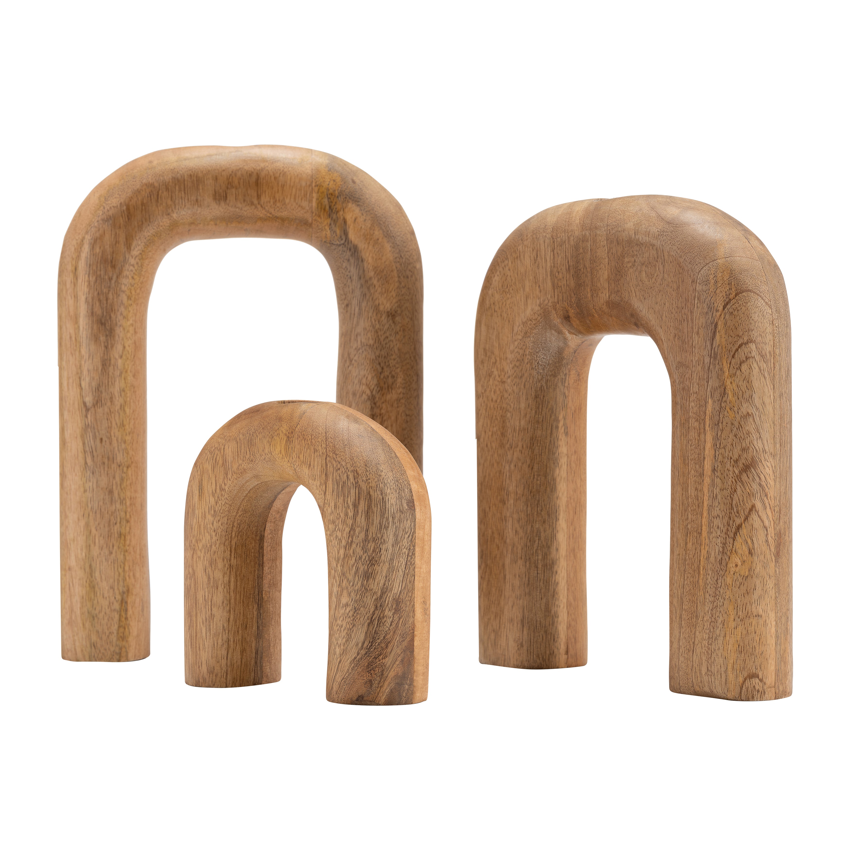 Three wooden arches of different sizes on a white background