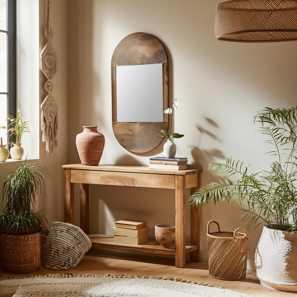Nest living room with wooden console table, mirror, and decorative items.