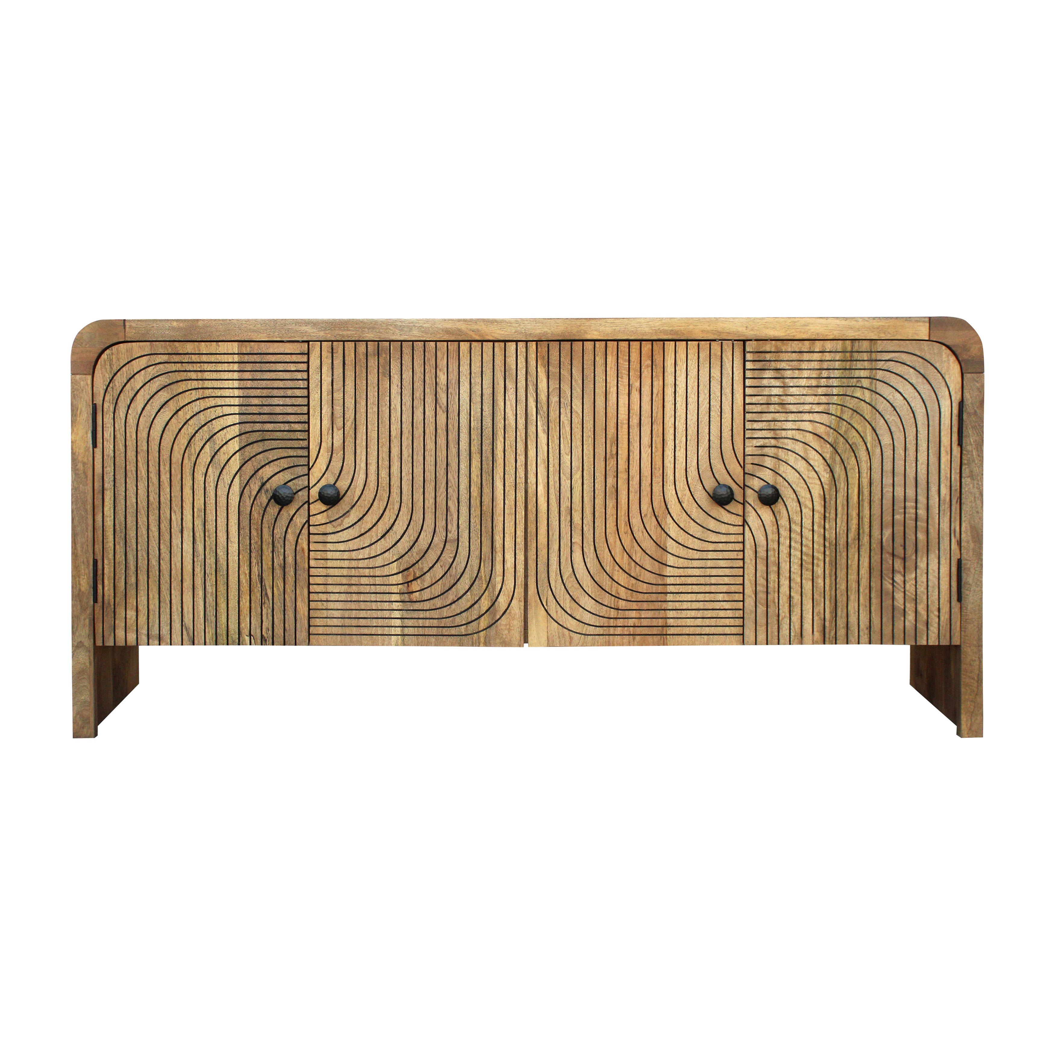 Wooden sideboard with geometric design on a white background