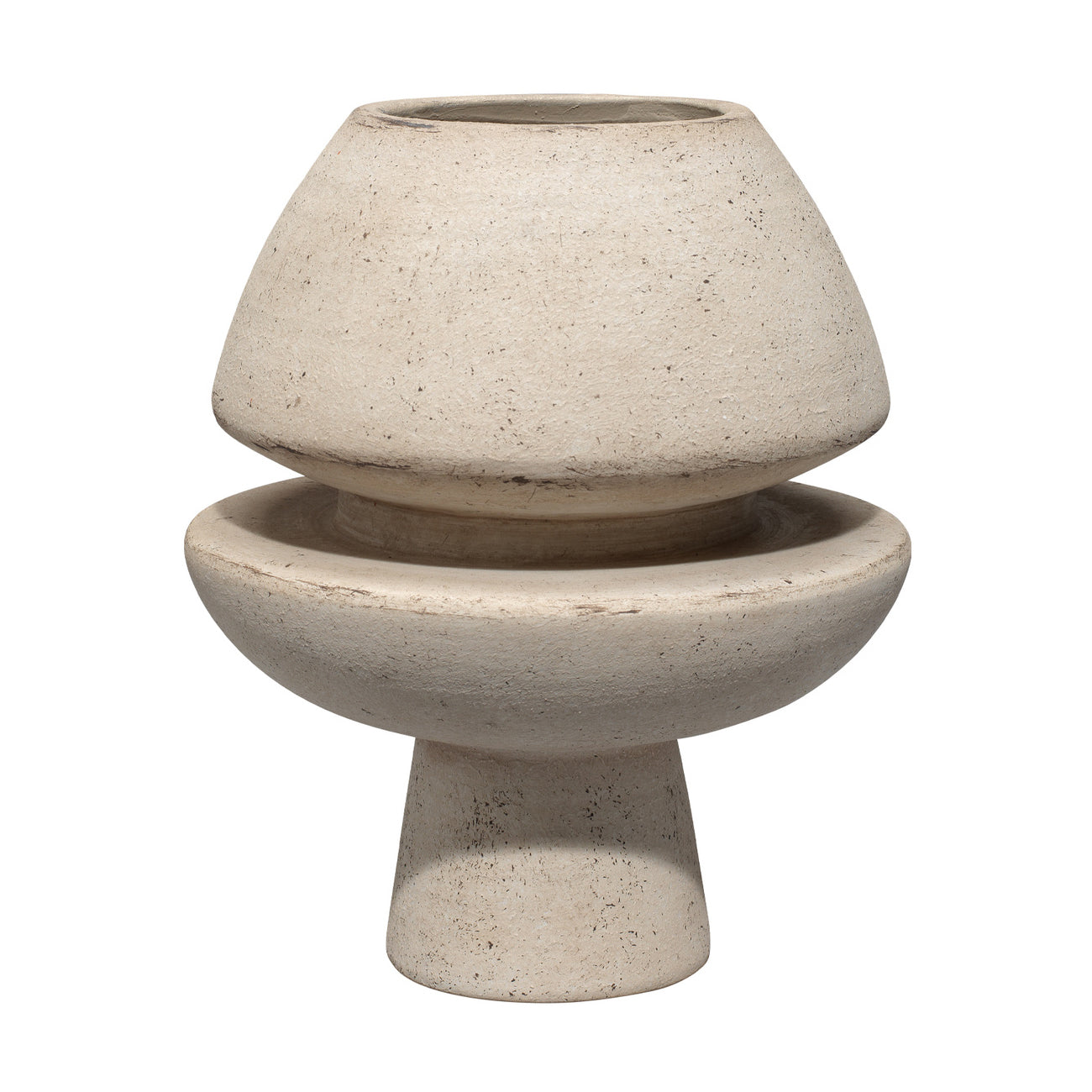 Beige ceramic planter with a textured surface on a white background
