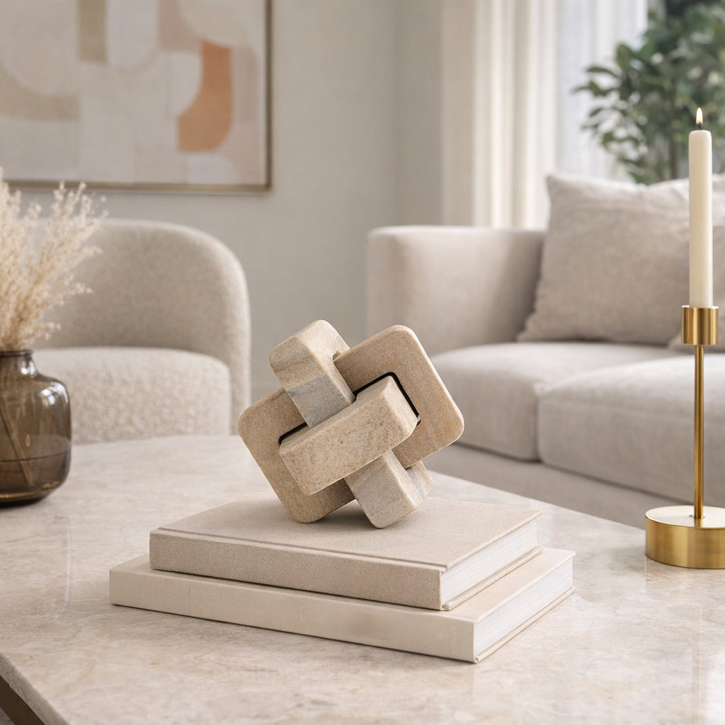 Decorative sculpture on books in a living room setting