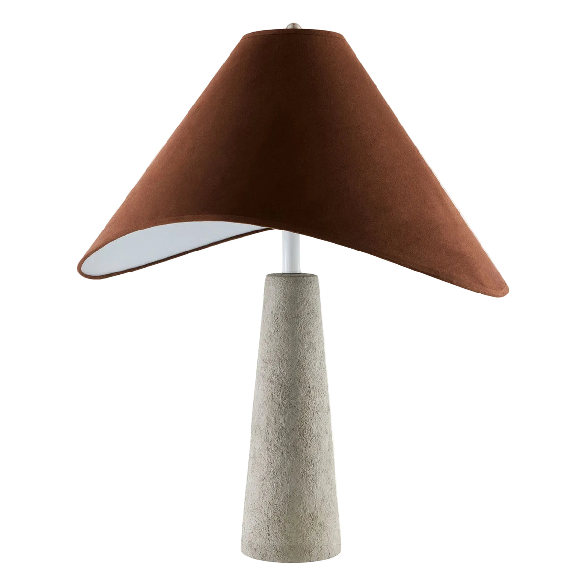 Table lamp with brown conical shade and textured gray base on a white background